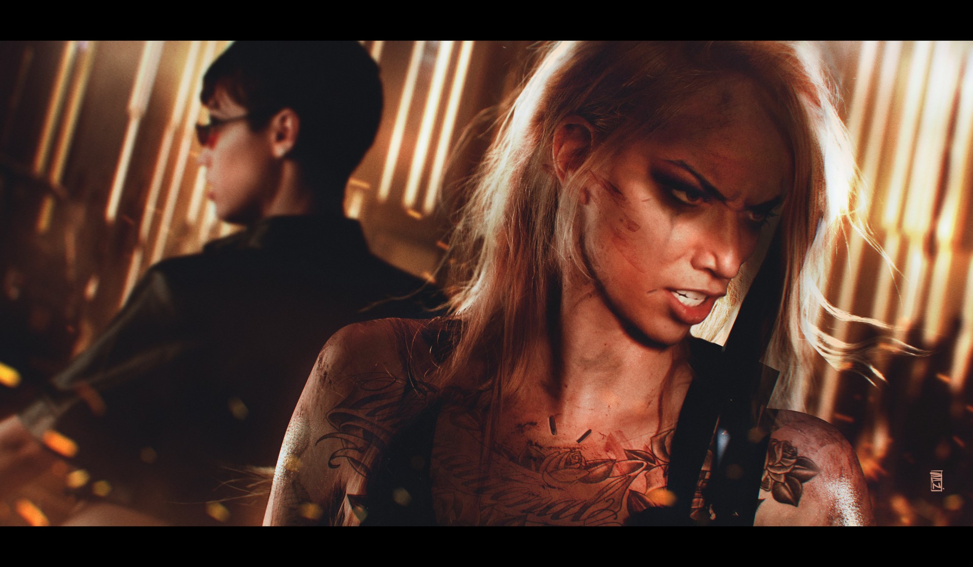 Two women with tattoos, one holding a knife HD Wallpaper
