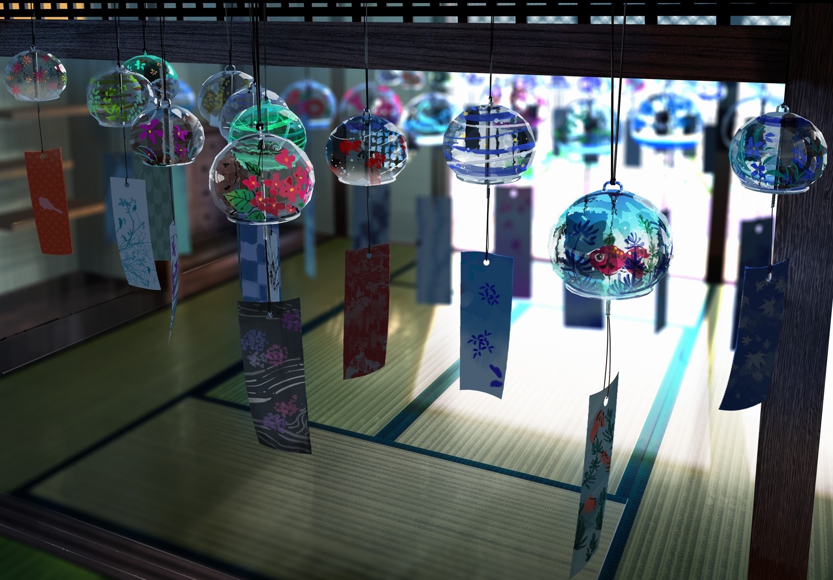 Japanese wind chimes with tanzaku in a room HD Wallpaper
