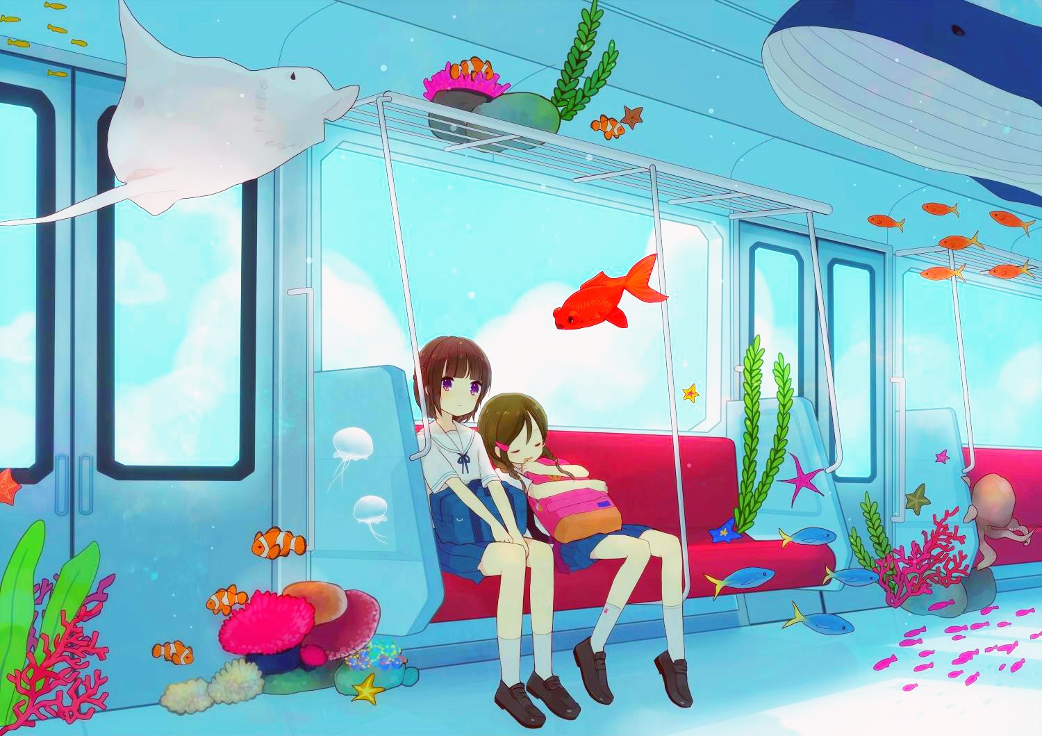 Anime girls on a train with sea creatures HD Wallpaper