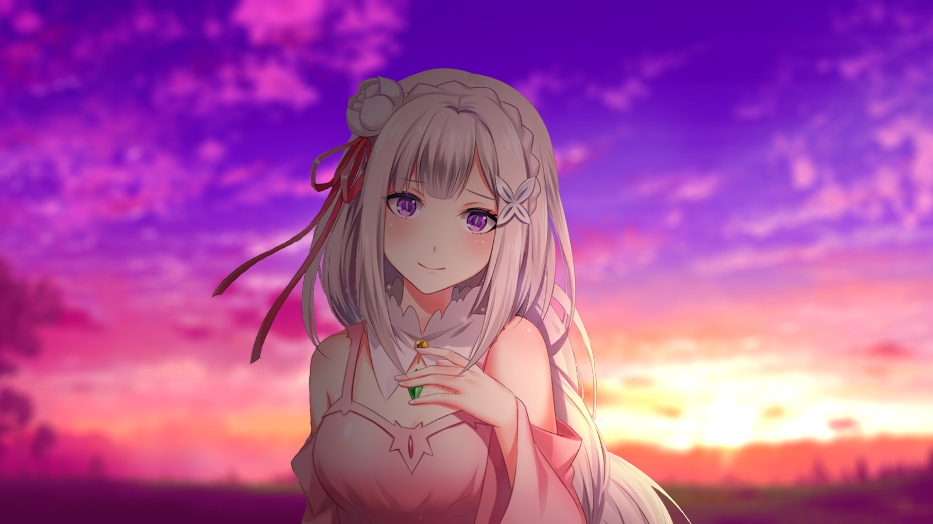 Emilia from Re:Zero with purple eyes at sunset HD Wallpaper