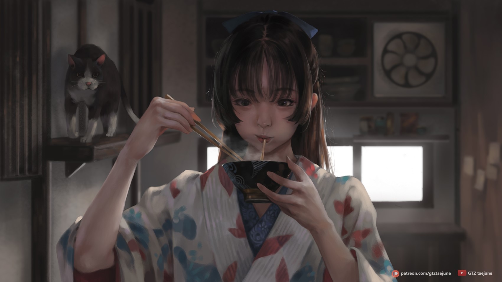 Anime girl in kimono eating noodles with cat HD Wallpaper
