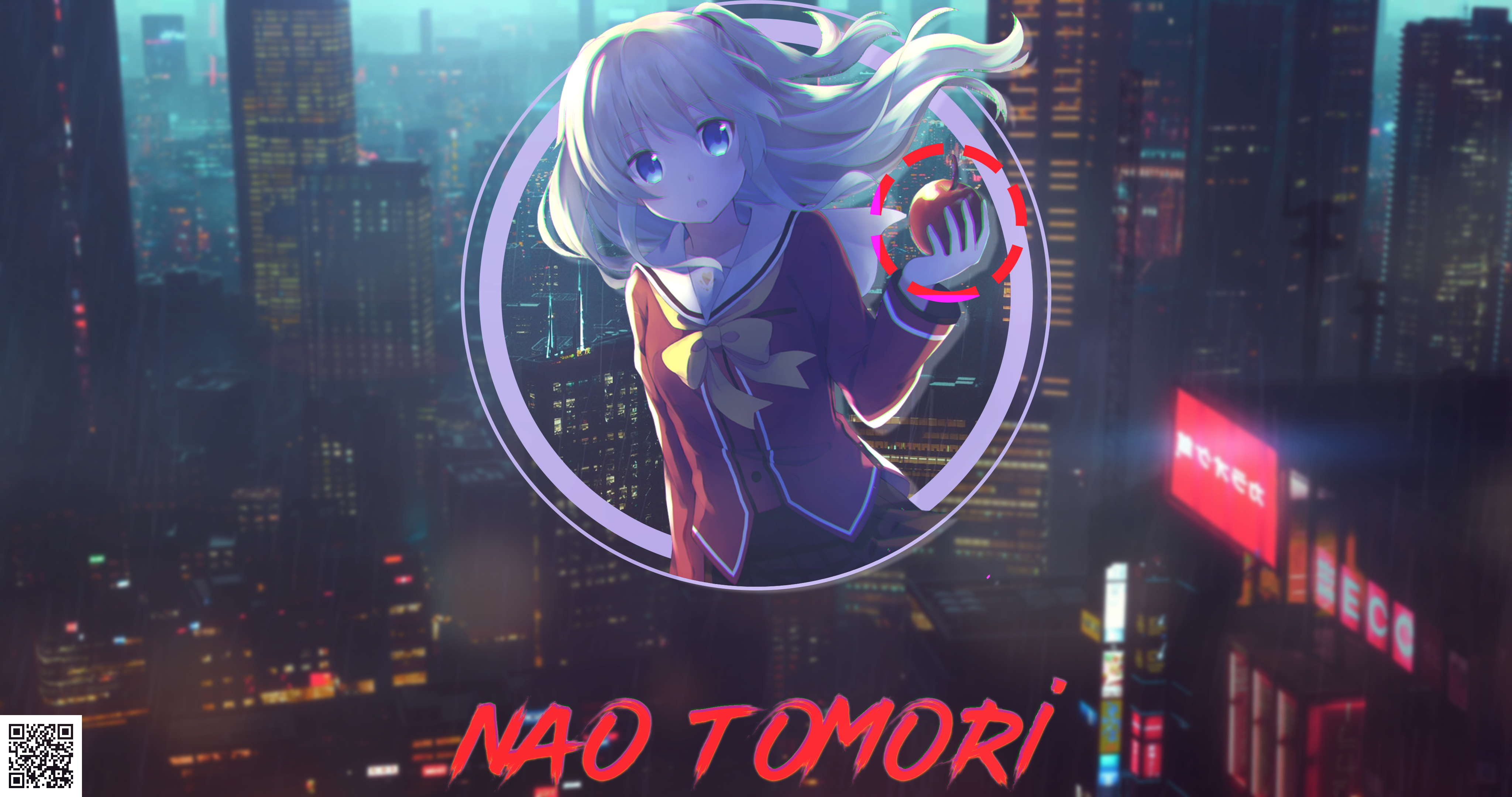 Nao Tomori from Charlotte holding an apple in a city HD Wallpaper