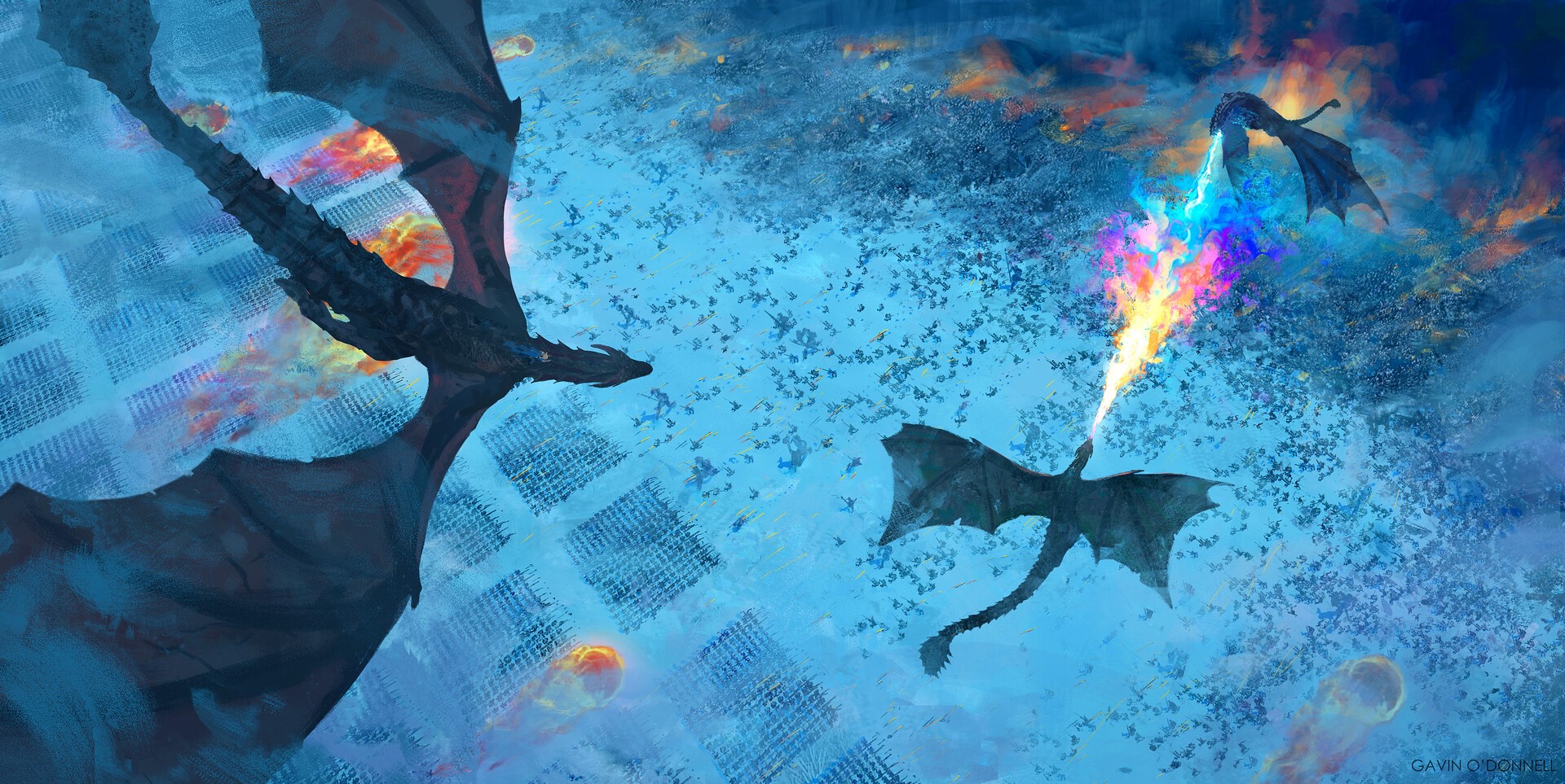 Dragons fighting in the sky over an army HD Wallpaper