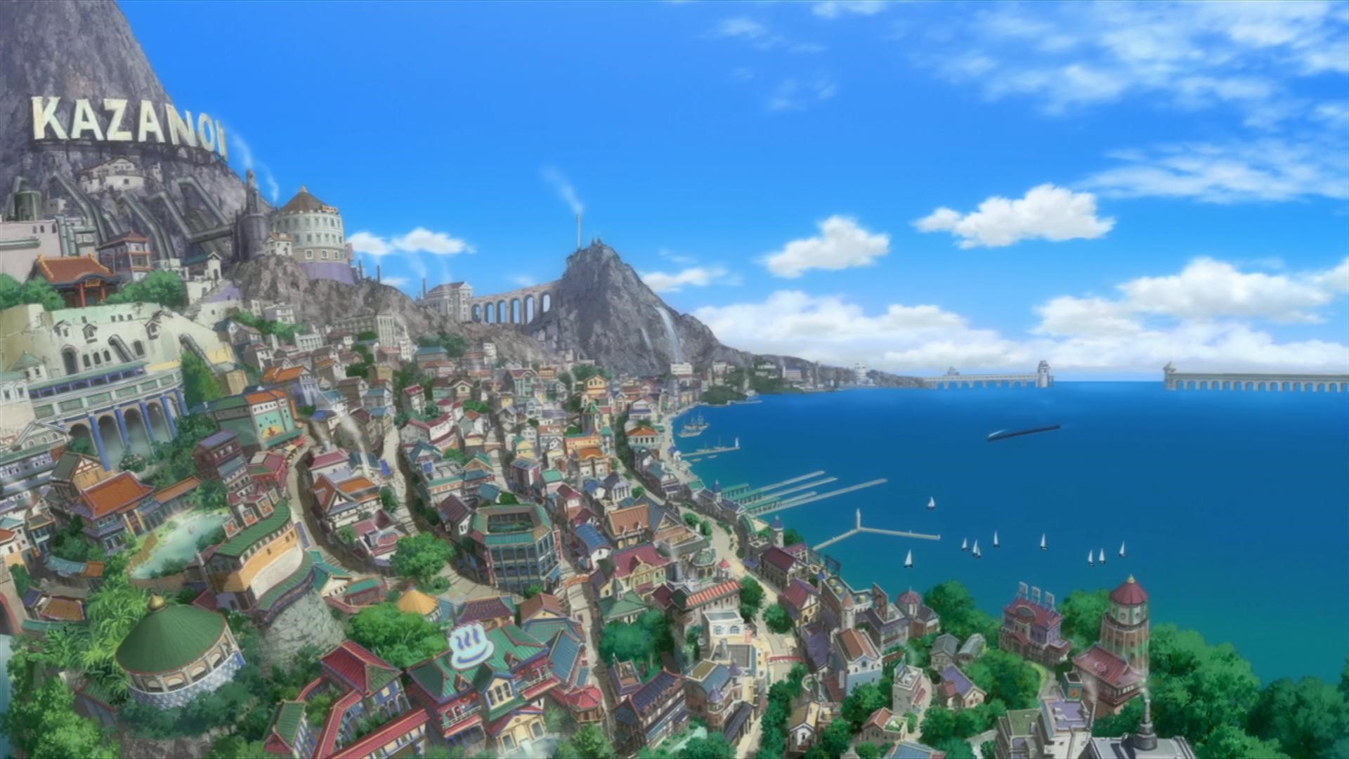 Anime cityscape of Kazano with a bay and mountains HD Wallpaper