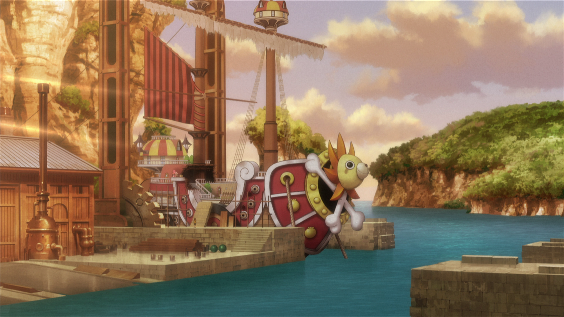 Sunny Go from One Piece docked at a port HD Wallpaper