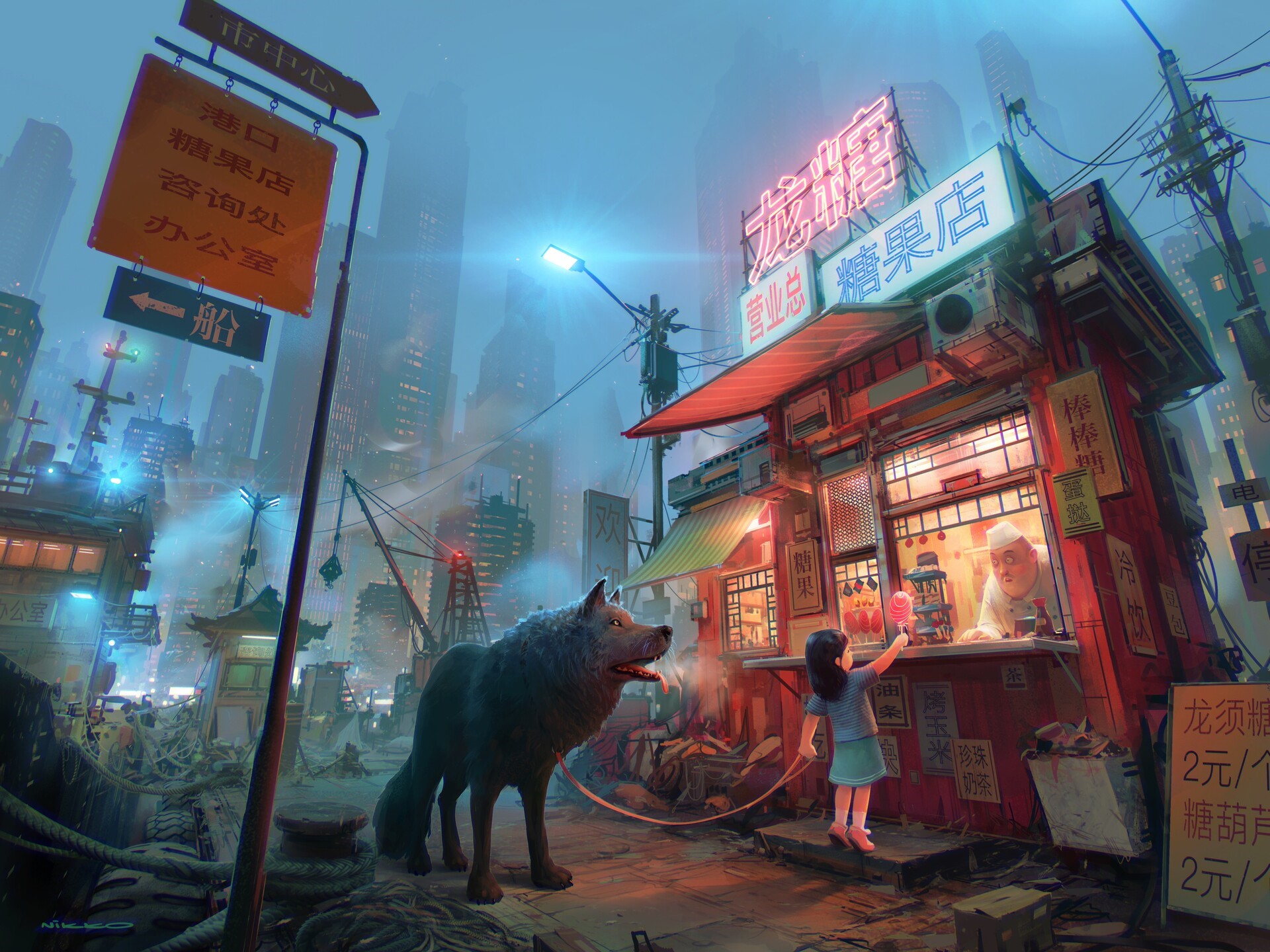 Girl buys candy from a street vendor with a wolf nearby HD Wallpaper