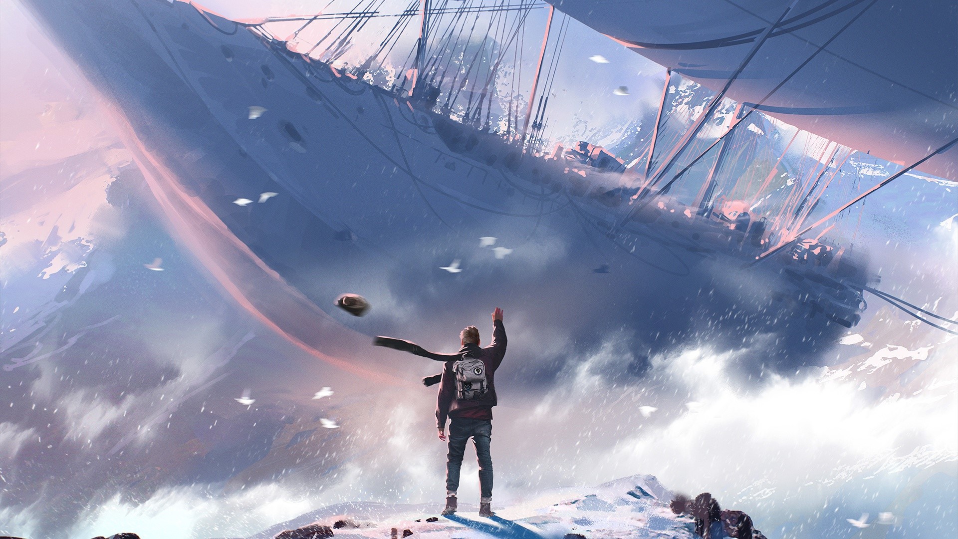 Person waving at a giant airship in a snowy landscape HD Wallpaper