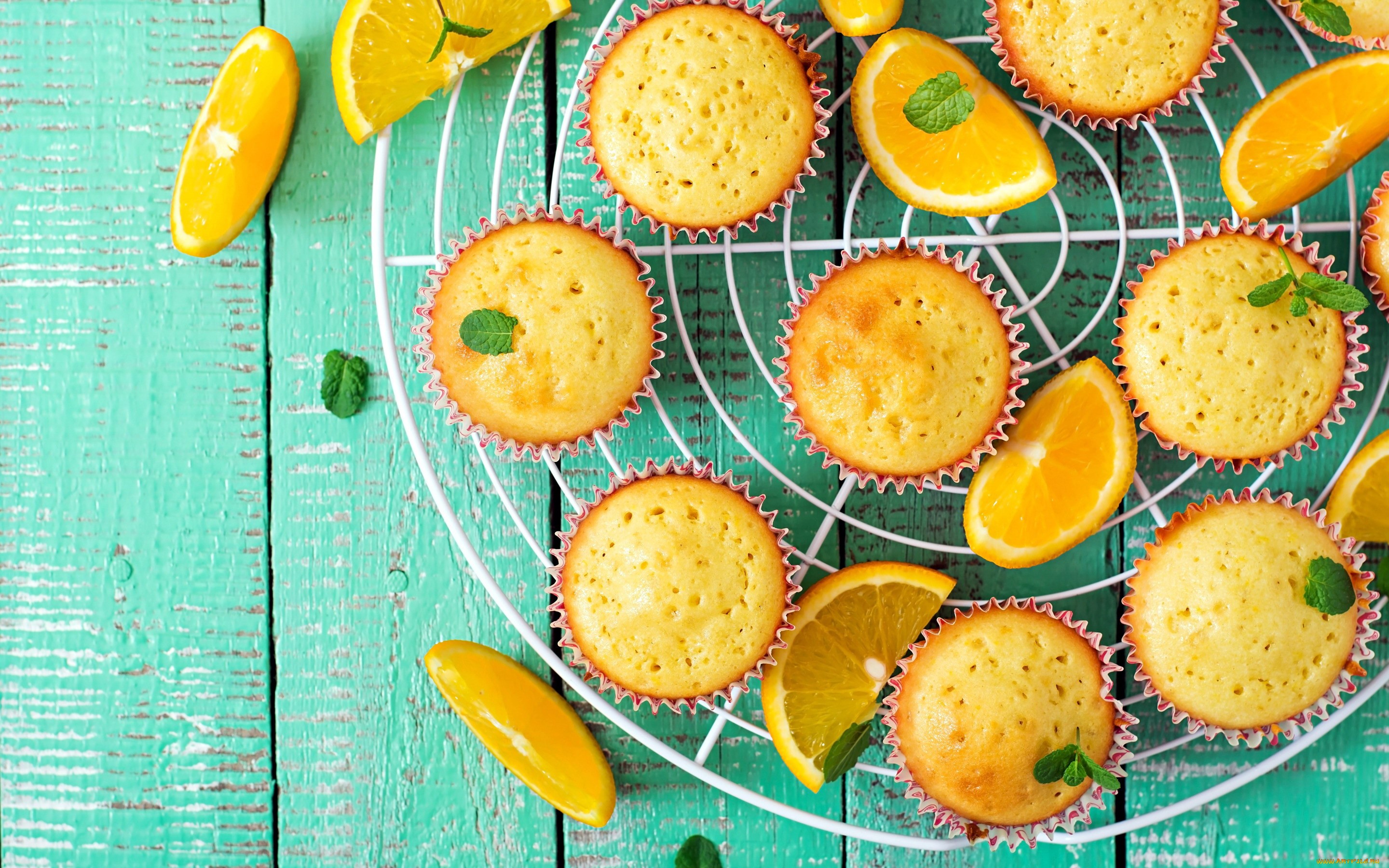 Orange Muffins with Mint and Orange Slices on a Rack HD Wallpaper