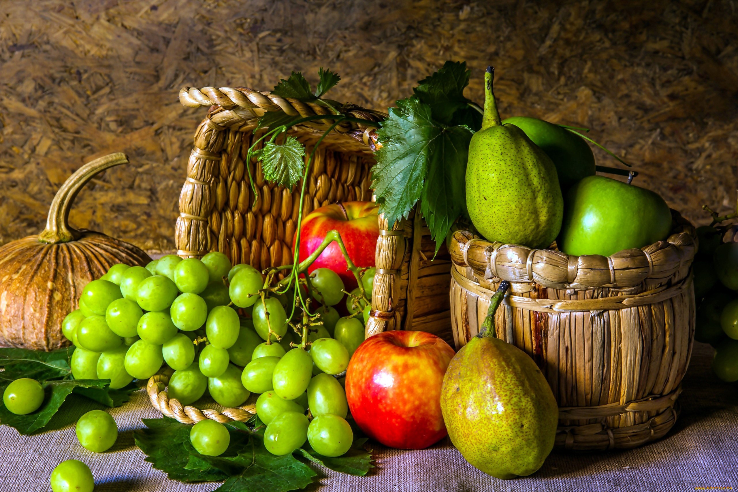 Still life of fruits in baskets with a pumpkin HD Wallpaper