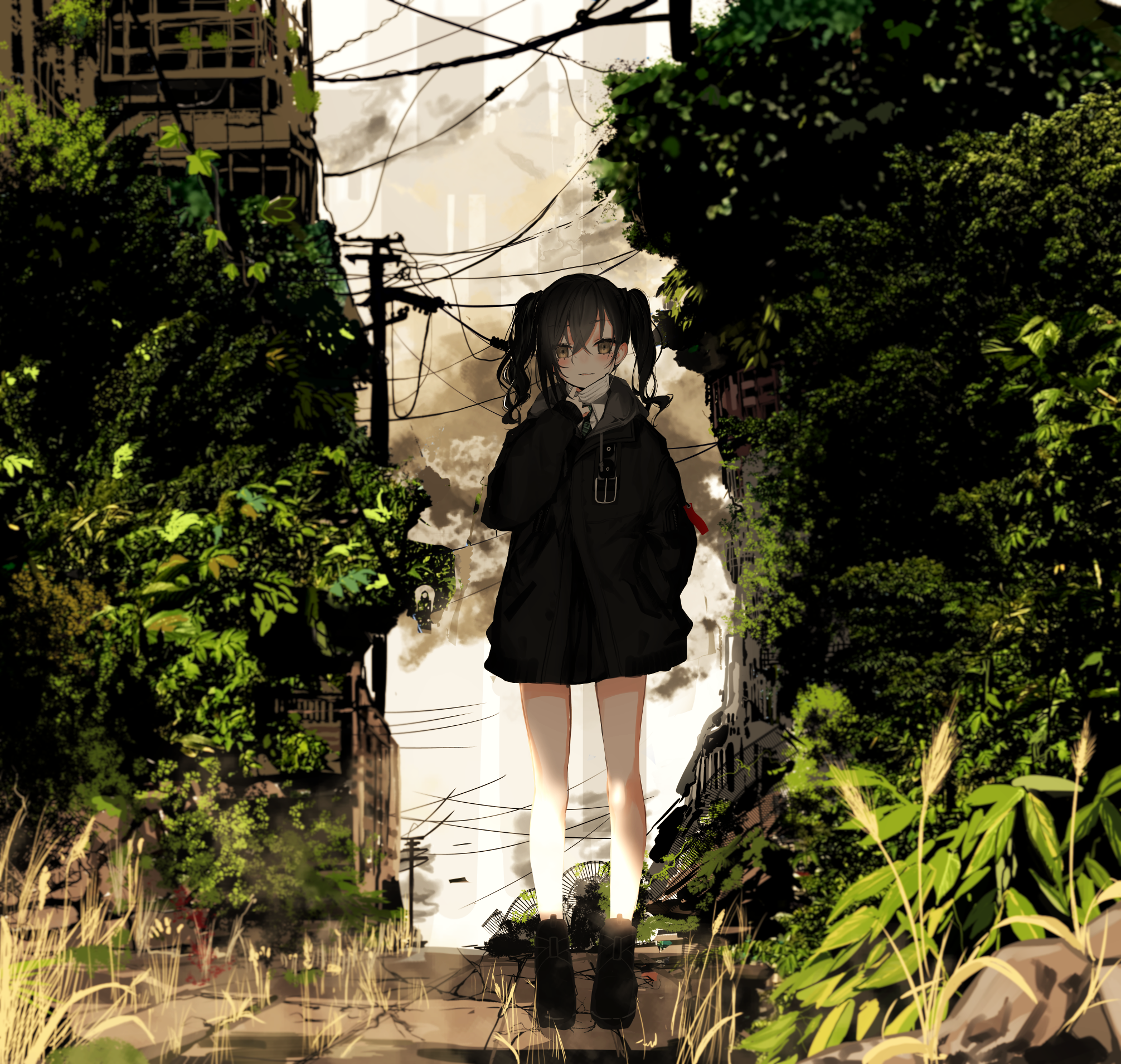Anime girl with pigtails in a post-apocalyptic city HD Wallpaper