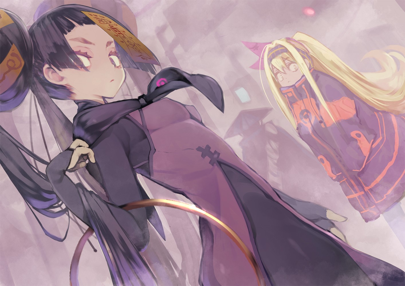Two anime girls in purple outfits HD Wallpaper