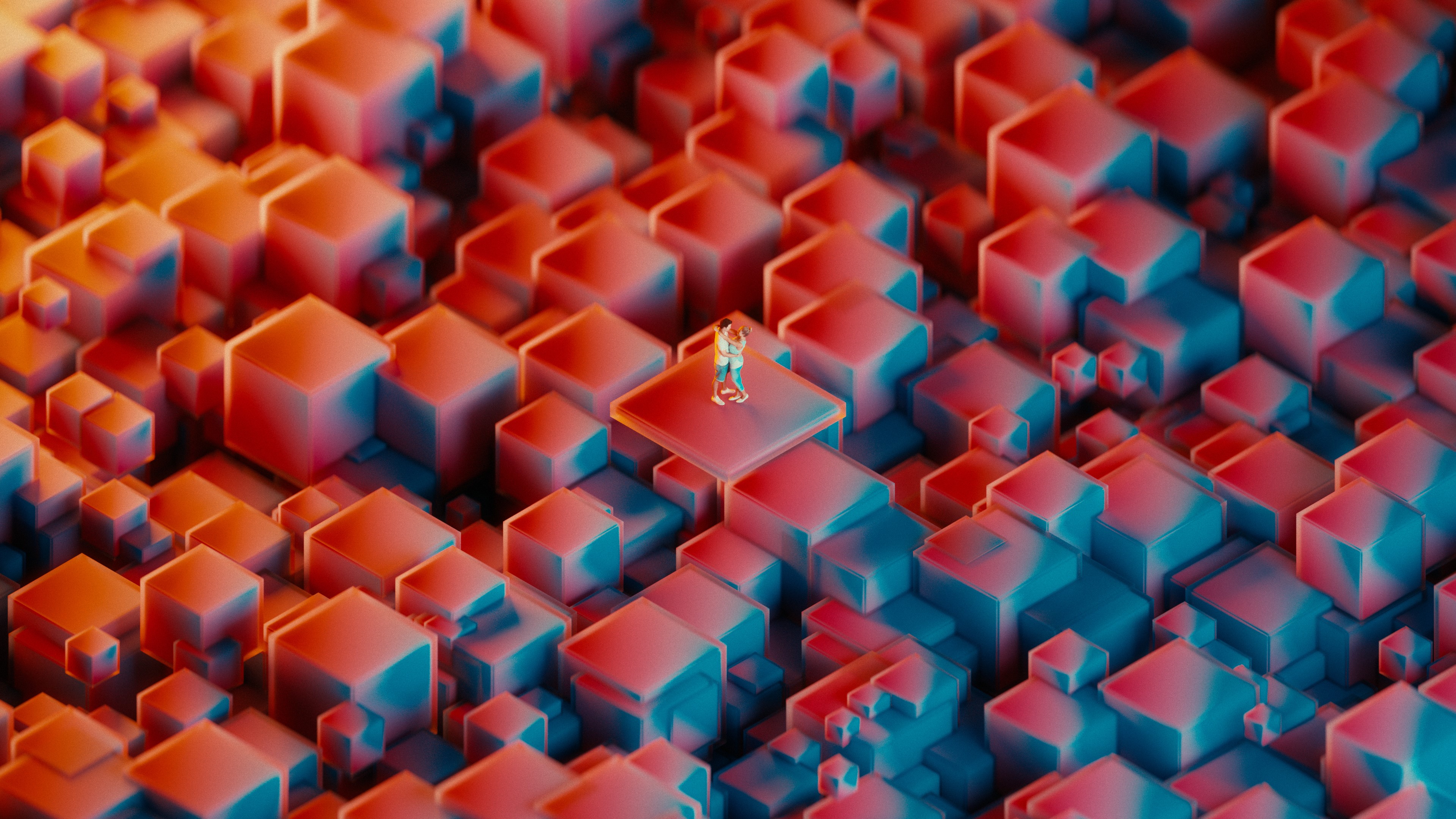 Couple embracing on a platform surrounded by 3D cubes HD Wallpaper