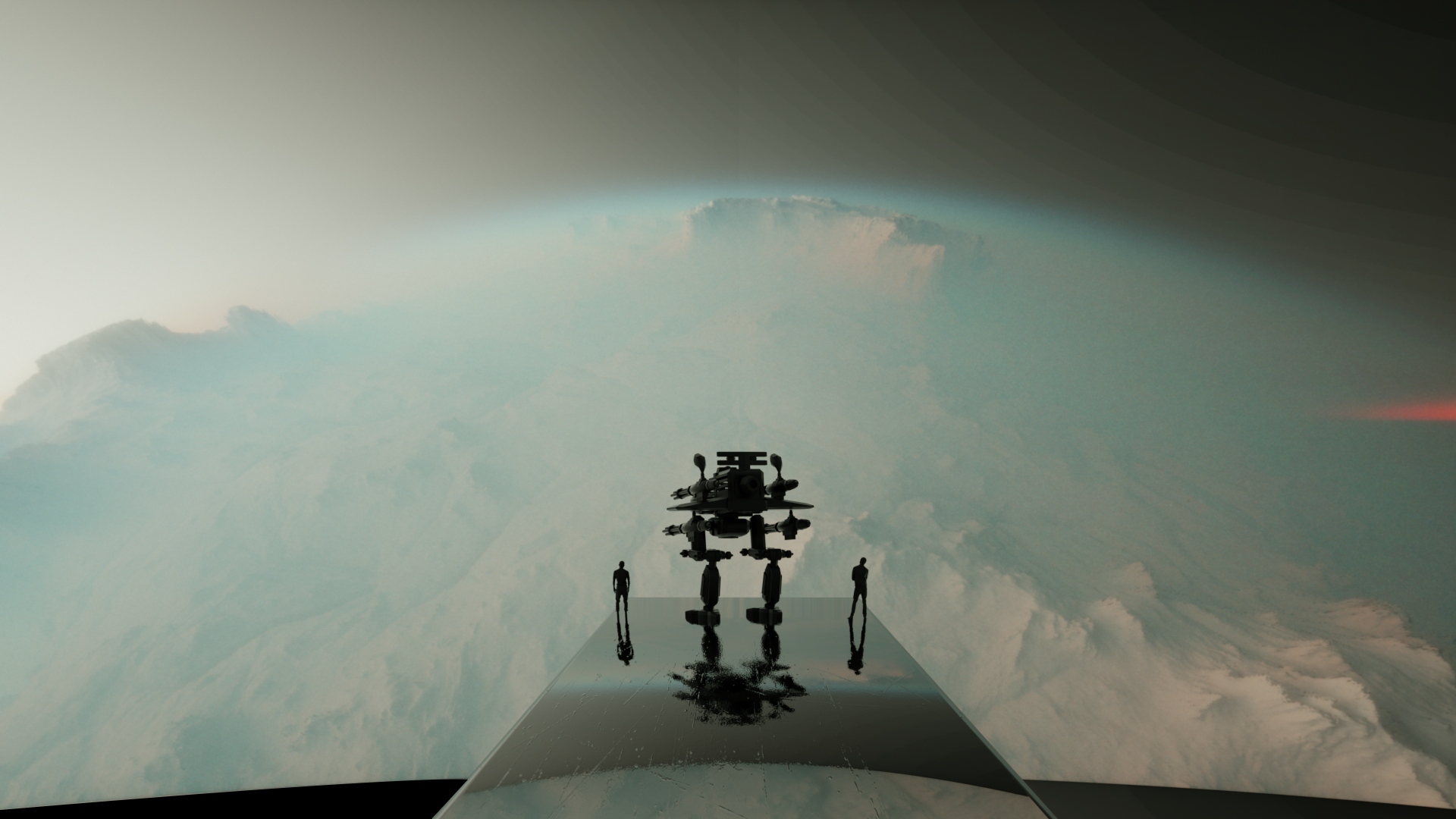 Two people and a mech on a reflective surface overlooking a planet HD Wallpaper
