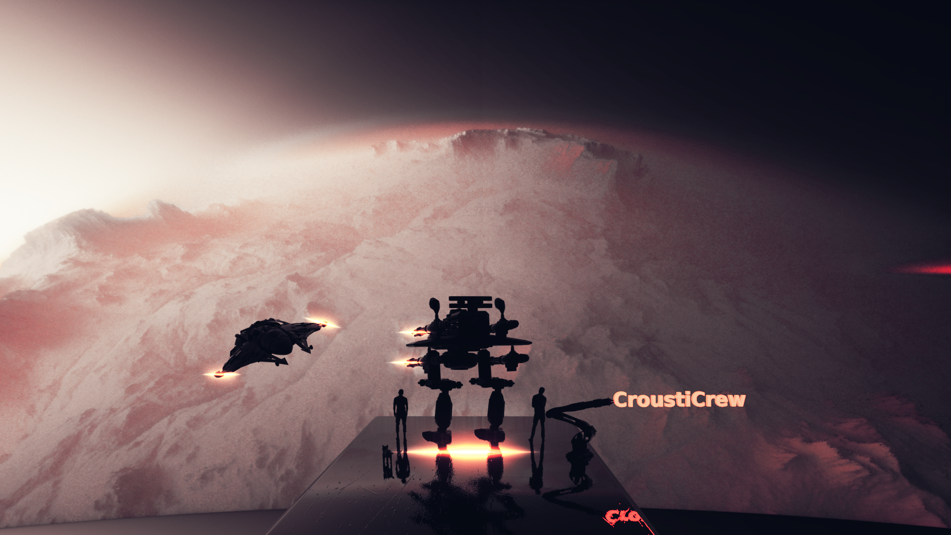 Spaceships and figures on a platform with a planet background HD Wallpaper