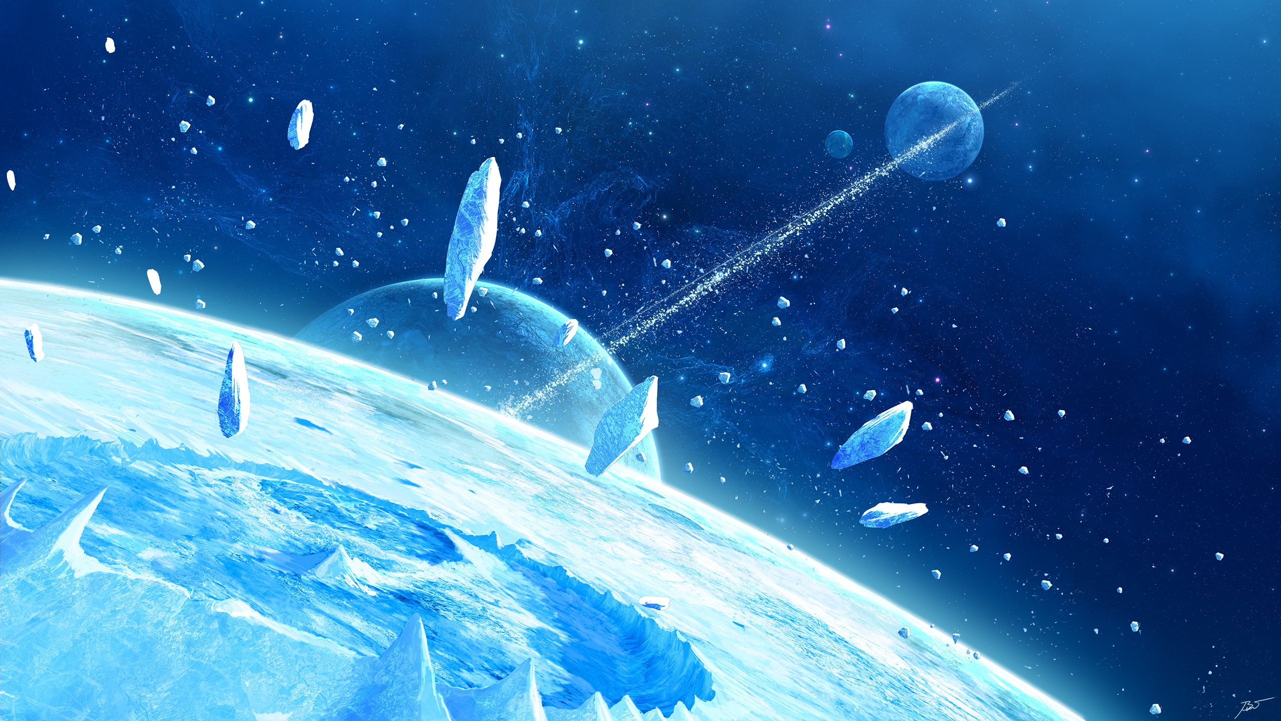Ice planet and moons in space art by JoeyJazz HD Wallpaper