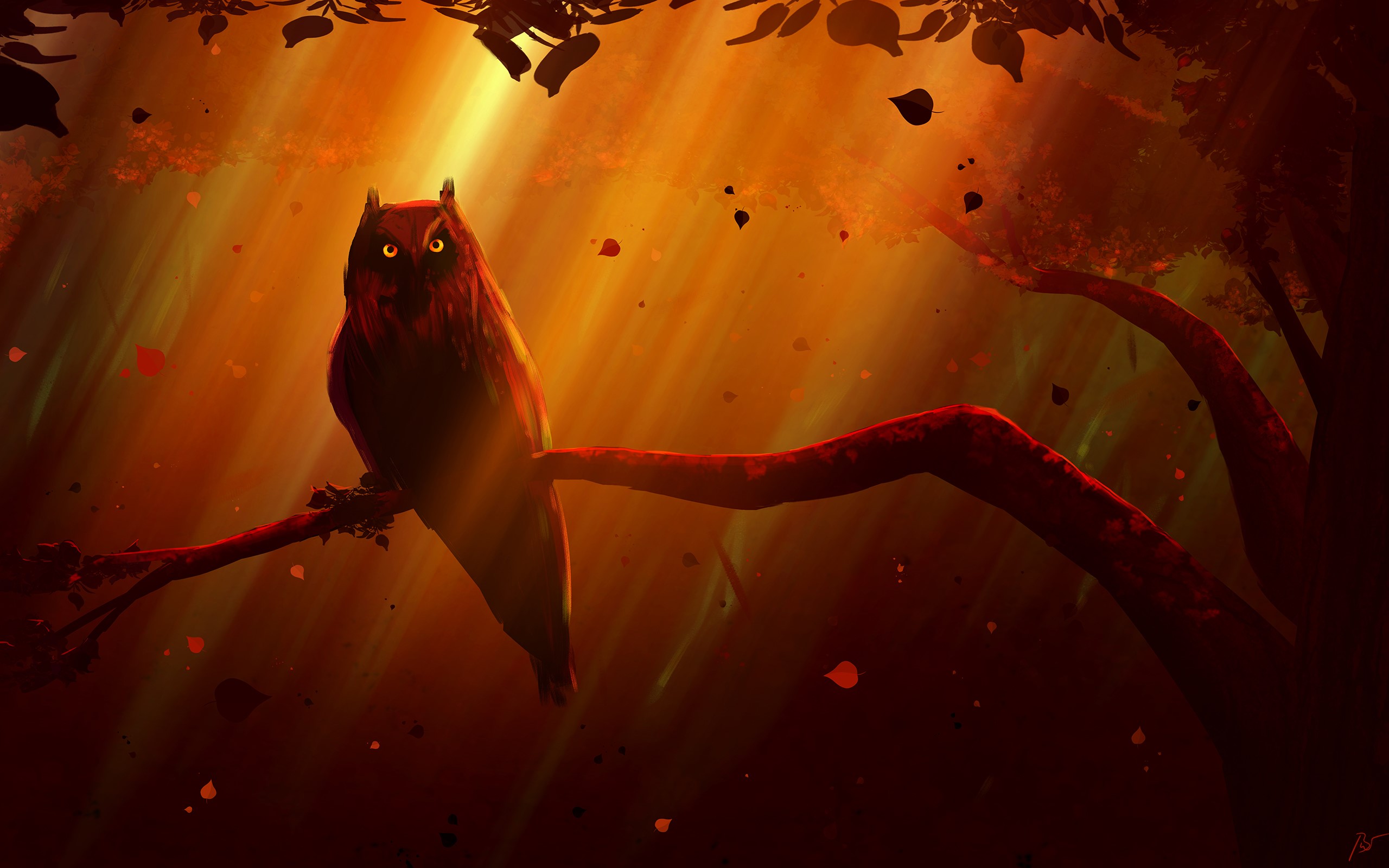 Artwork of an owl perched on a tree branch HD Wallpaper