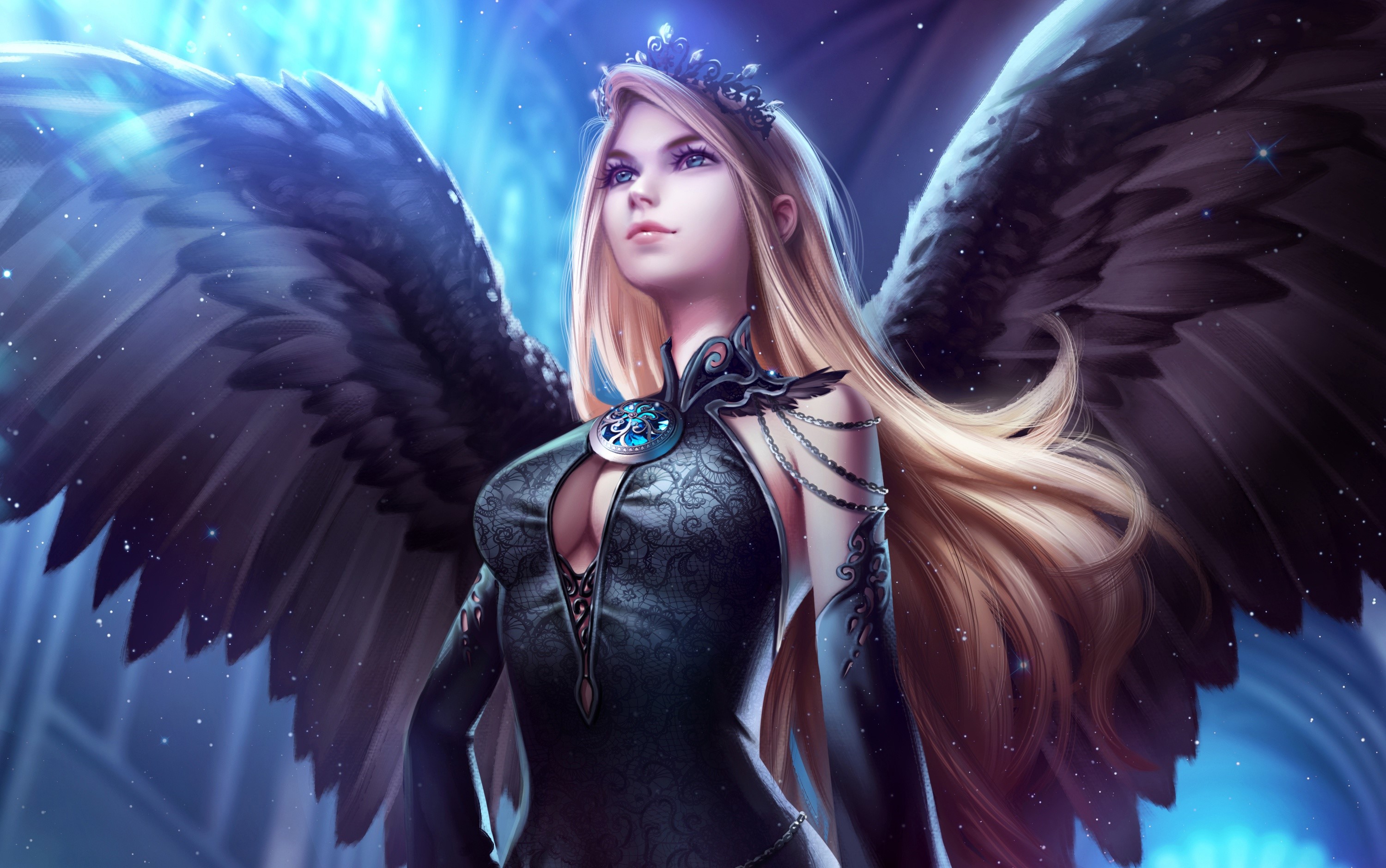 Fantasy angel girl with black wings and crown HD Wallpaper