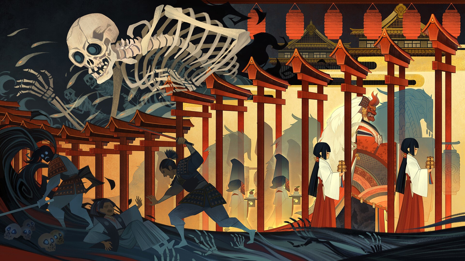 Giant skeleton attacks samurai and shrine HD Wallpaper
