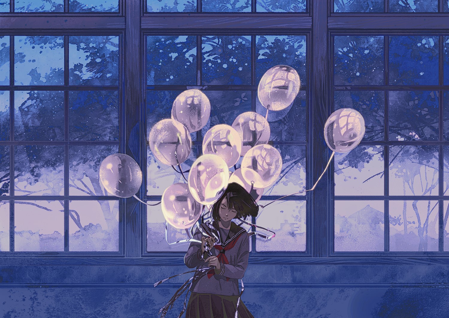 Anime girl with balloons in front of a window HD Wallpaper