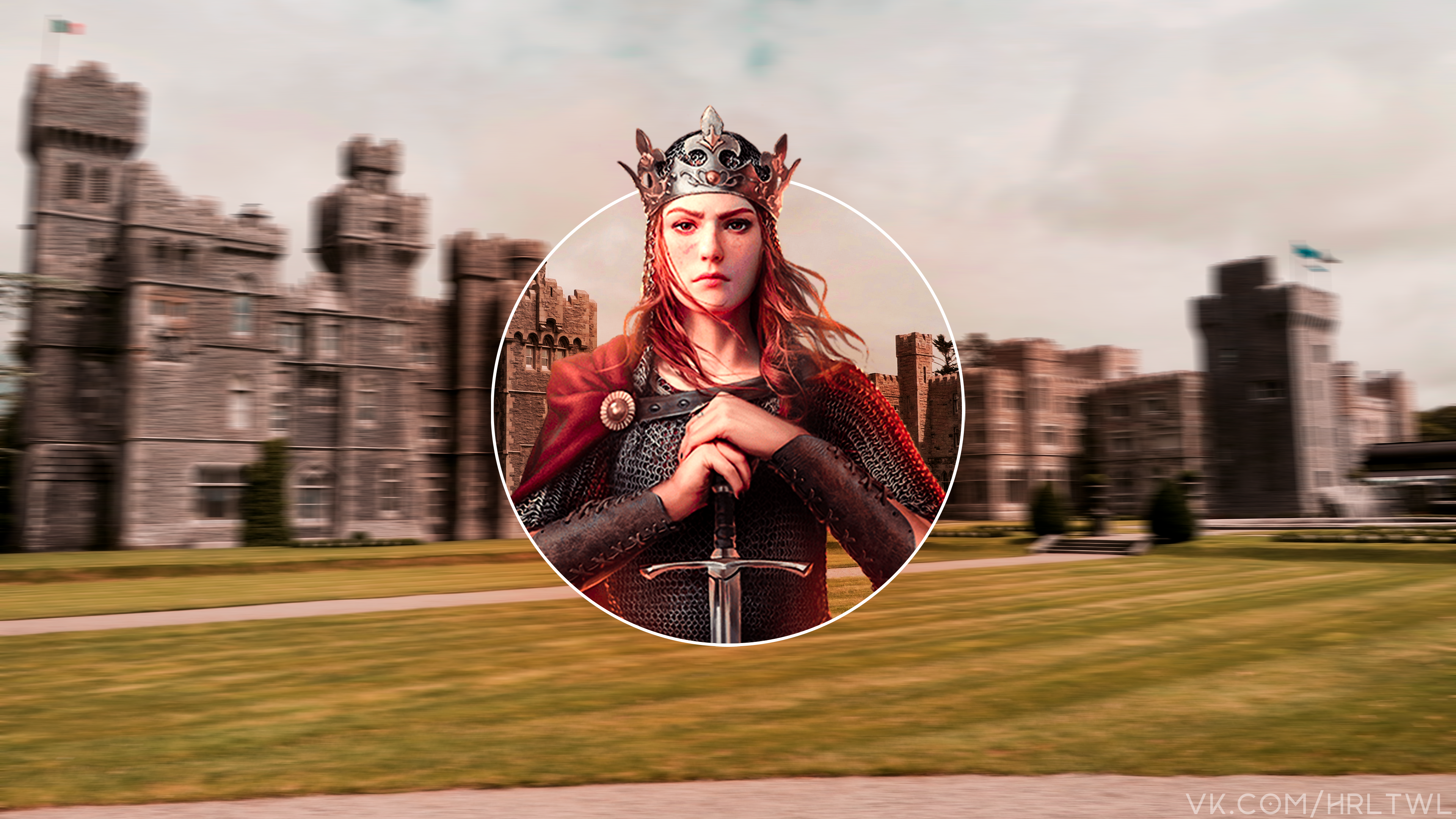Fantasy redhead queen with sword in front of castle HD Wallpaper
