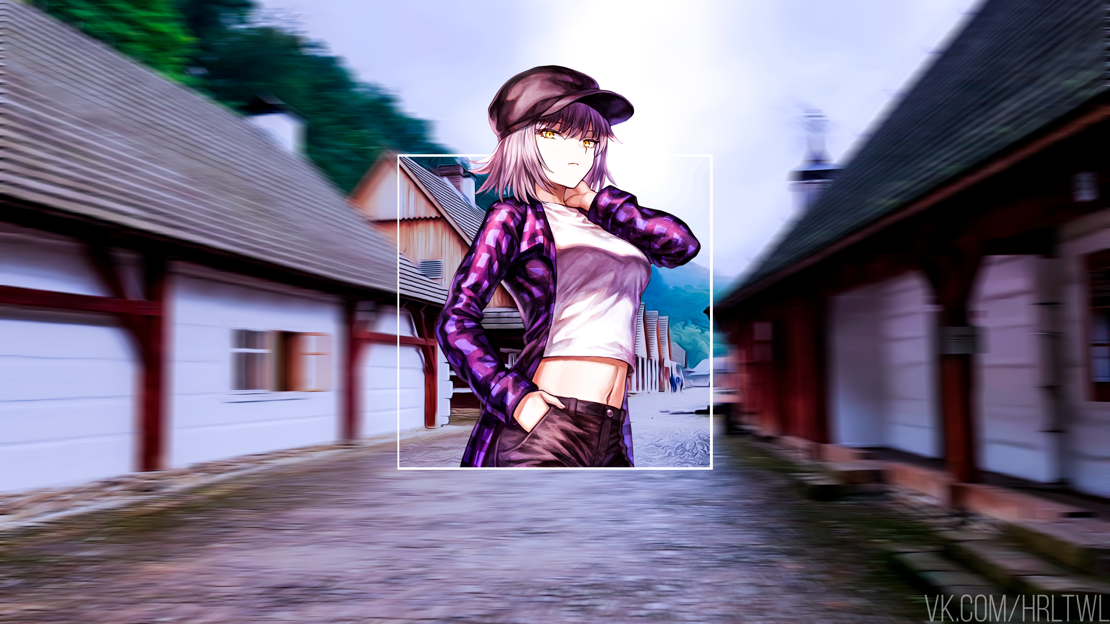 Anime girl with hat and yellow eyes HD Wallpaper