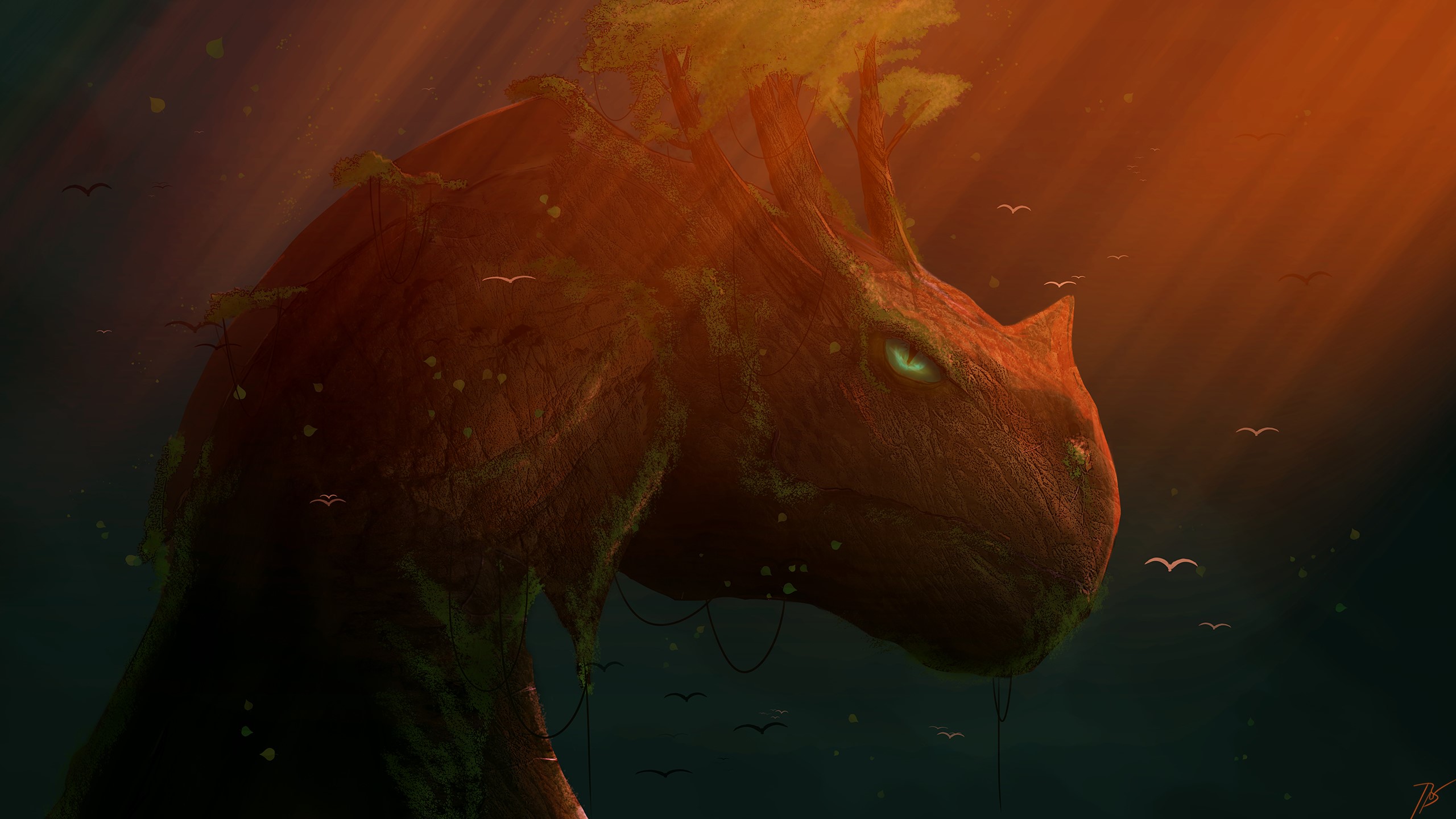 Fantasy dragon creature with trees and birds HD Wallpaper