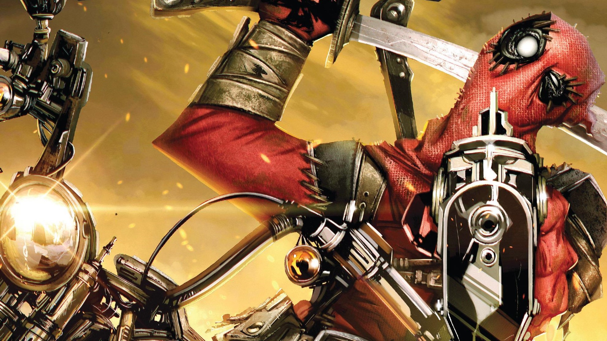 Deadpool on a motorcycle with swords HD Wallpaper