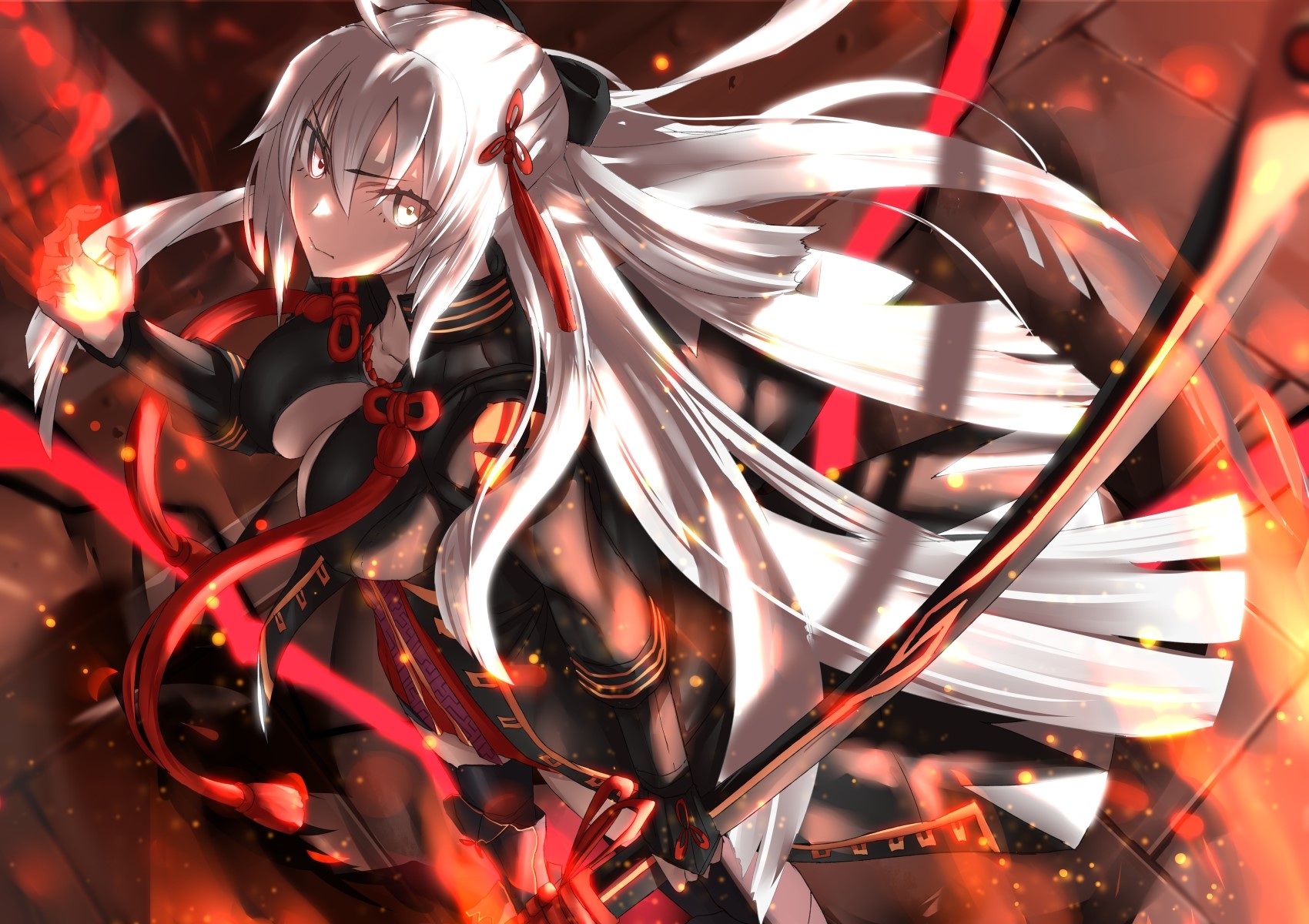 Okita Soji (Alter) from Fate/Grand Order with fire and sword HD Wallpaper