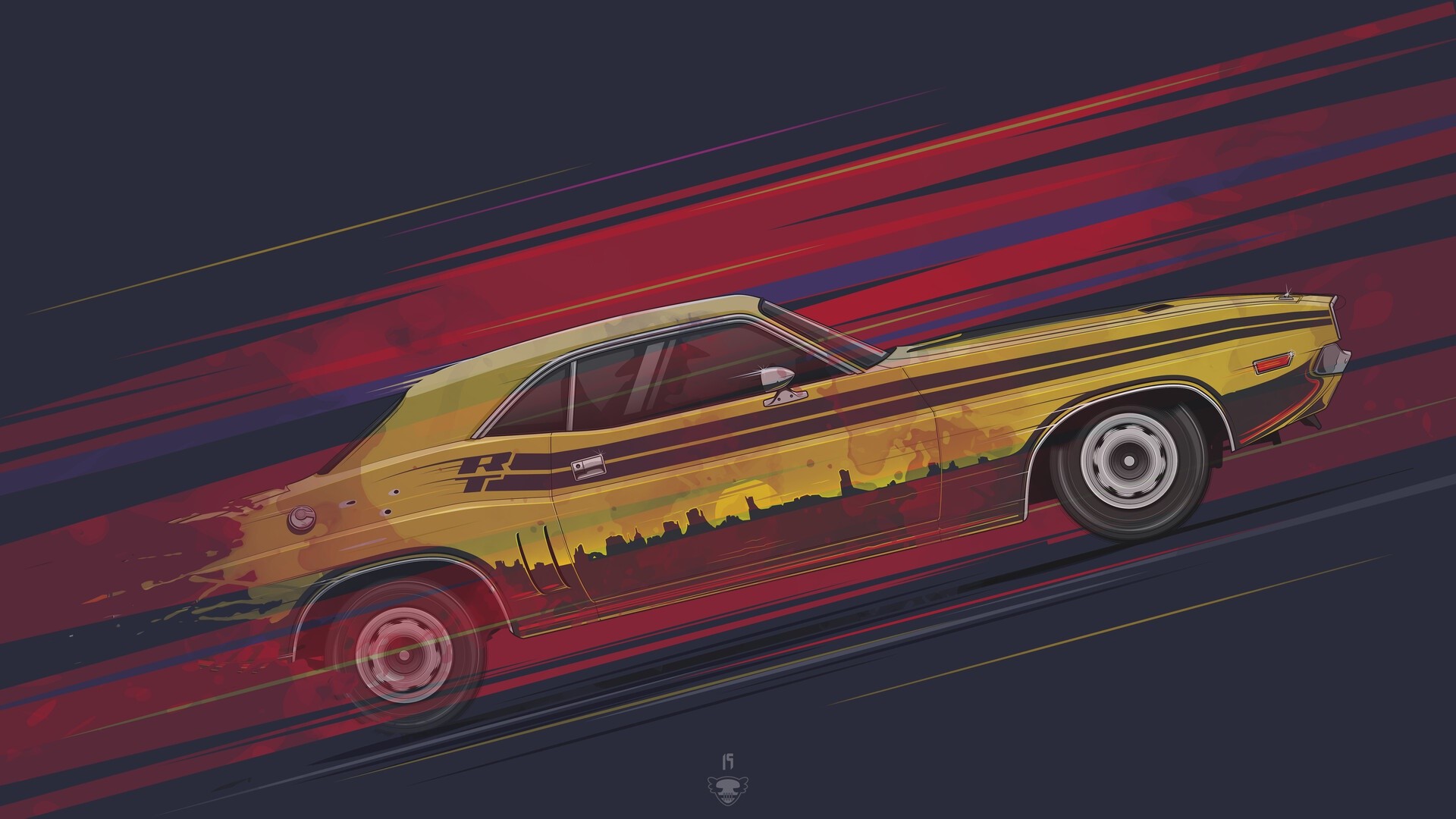 Yellow Dodge Challenger RT artwork with city skyline HD Wallpaper