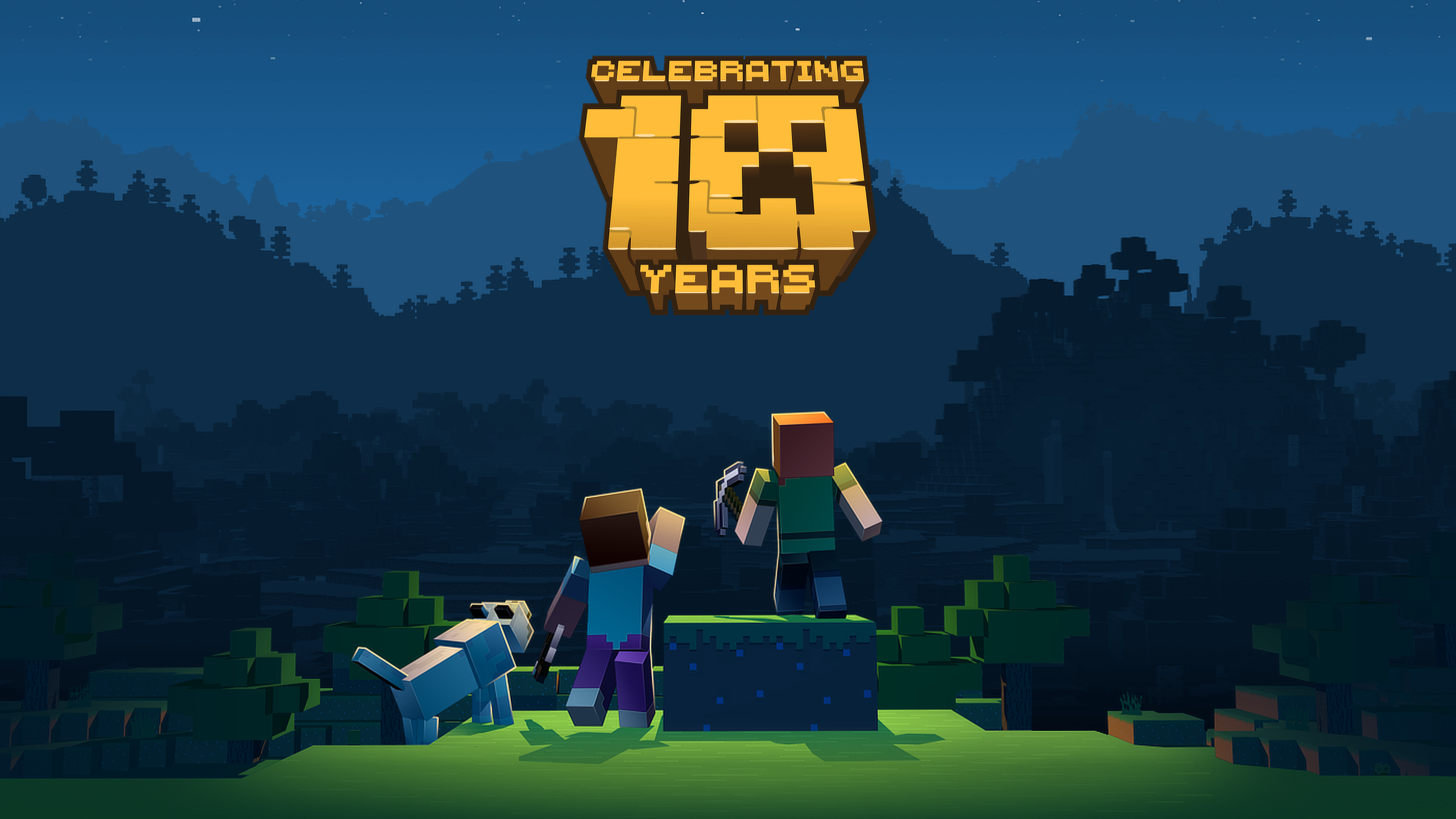 Minecraft celebrating 18 years with characters and dog HD Wallpaper