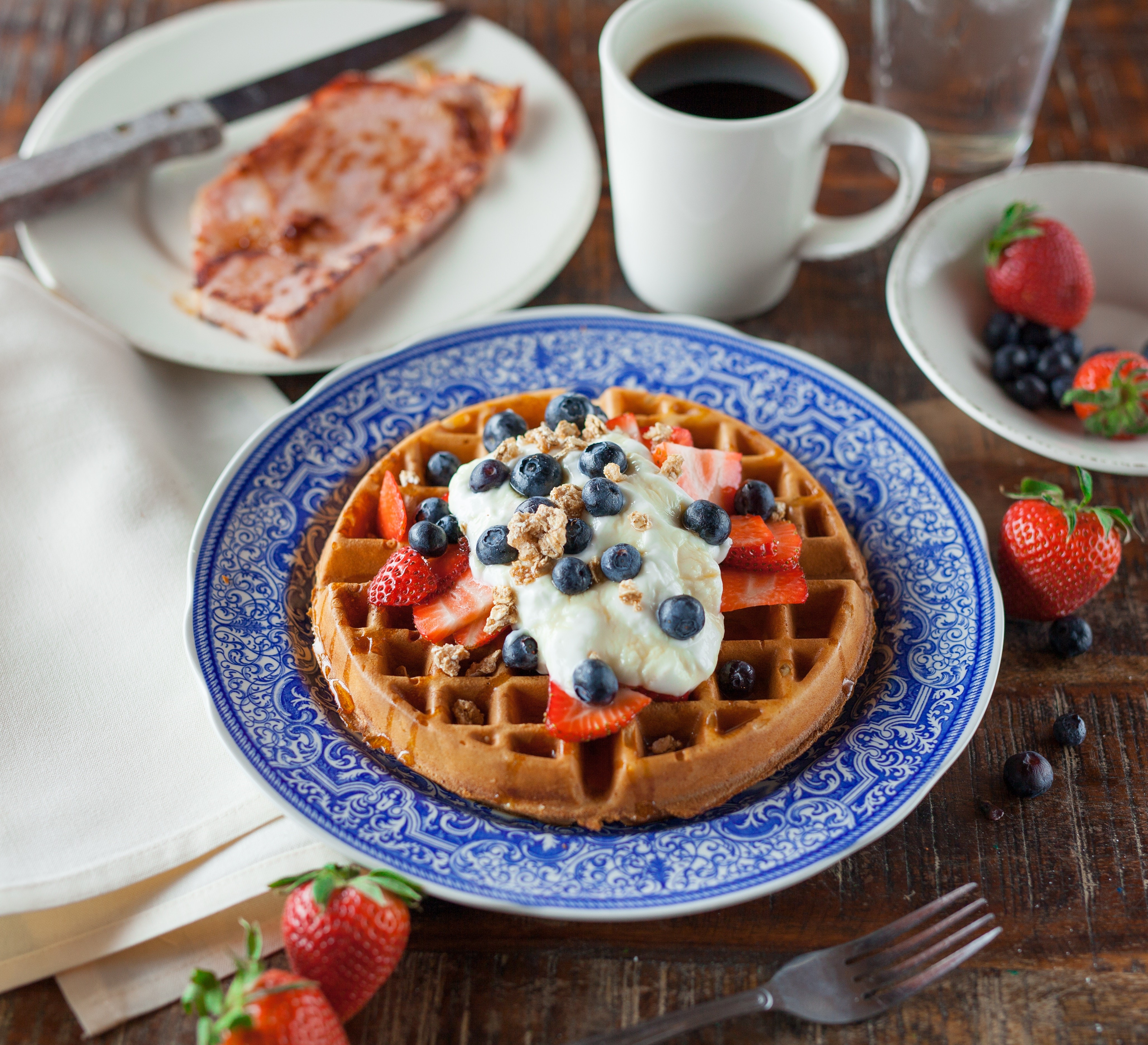 Waffles with berries and ham and coffee HD Wallpaper