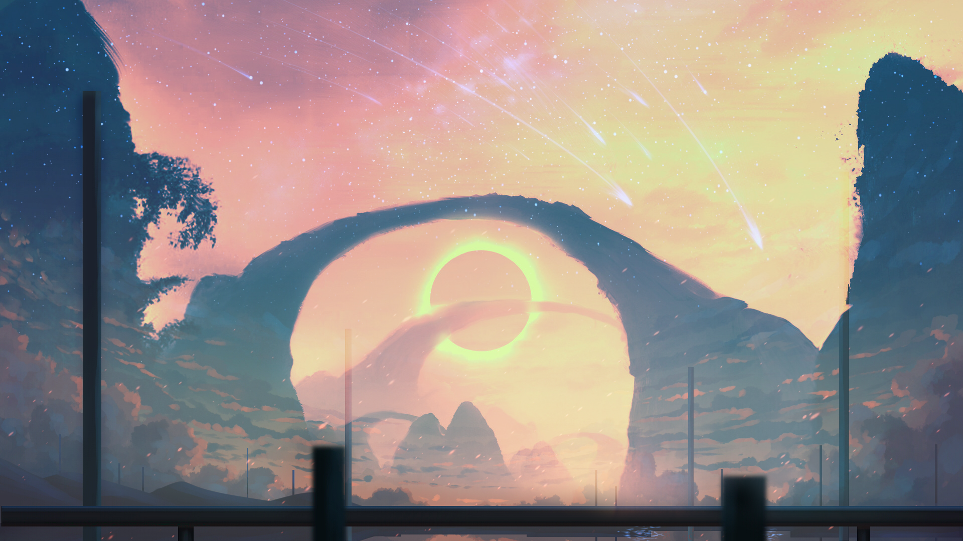 Artwork of a surreal landscape with an eclipse and shooting stars HD Wallpaper
