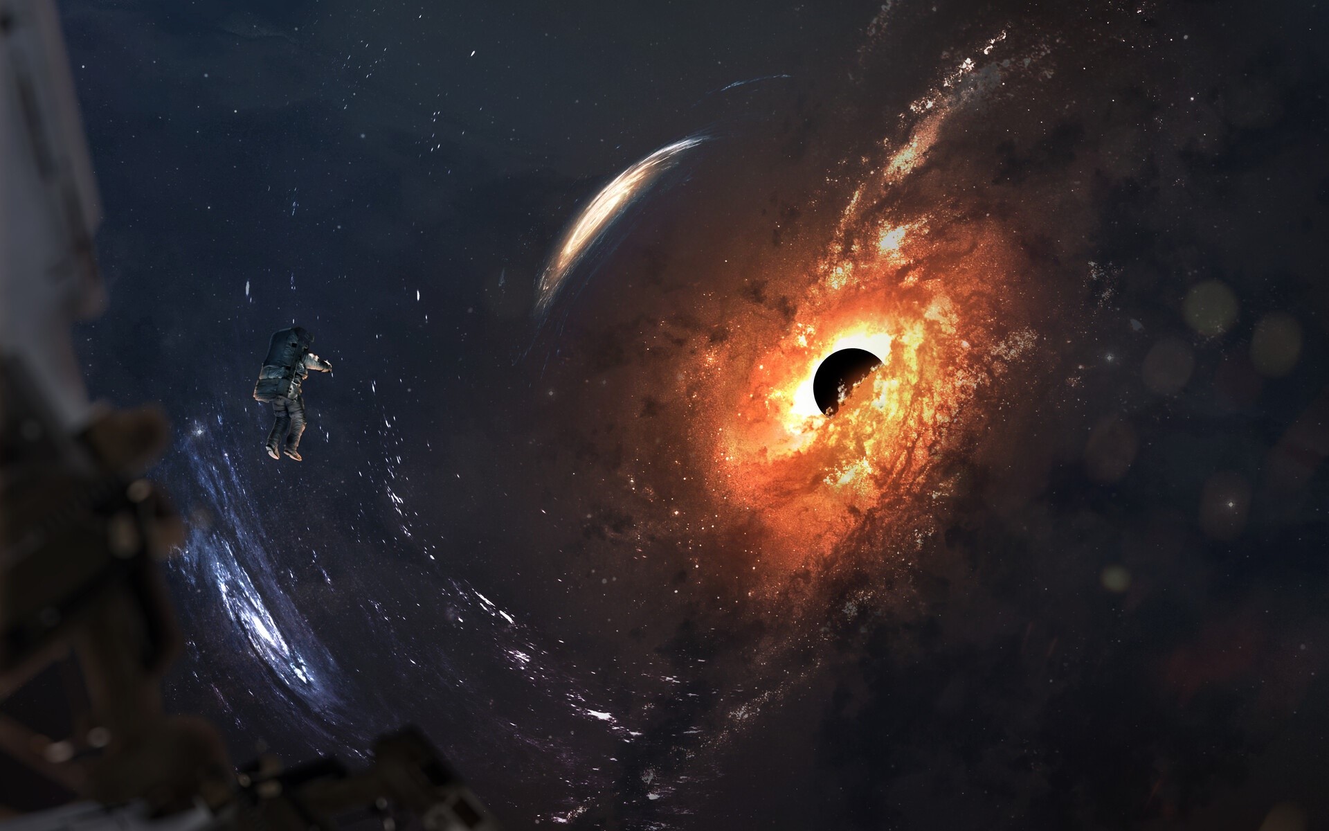 Astronaut near a black hole and galaxy HD Wallpaper