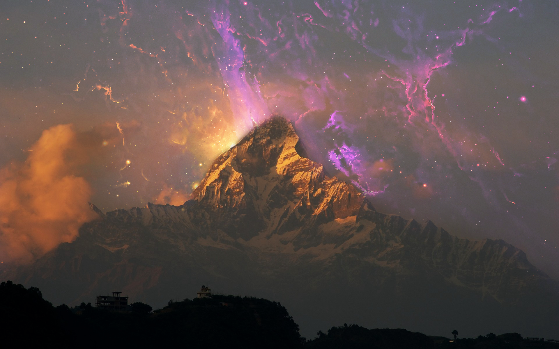 Mountain peak with nebula and stars HD Wallpaper