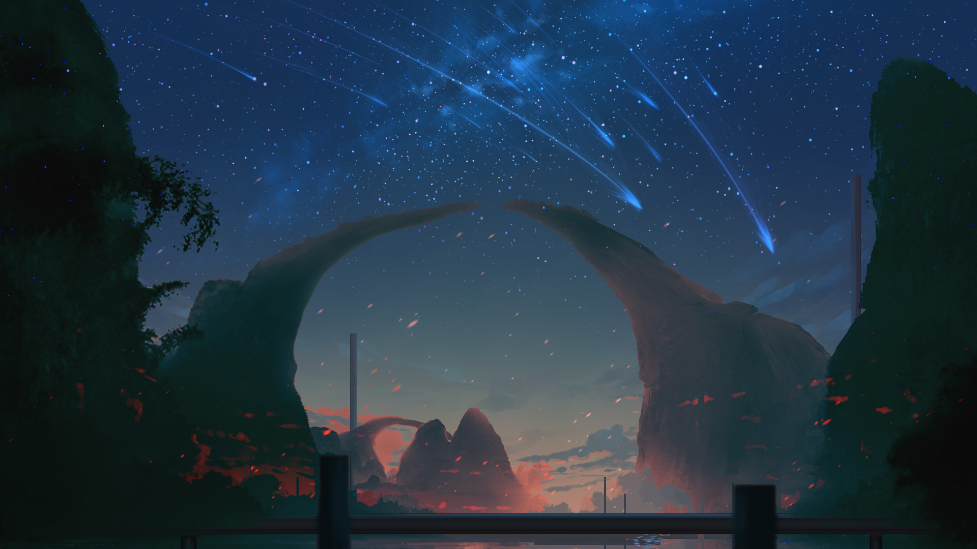 Digital artwork of a night sky with shooting stars over mountains HD Wallpaper