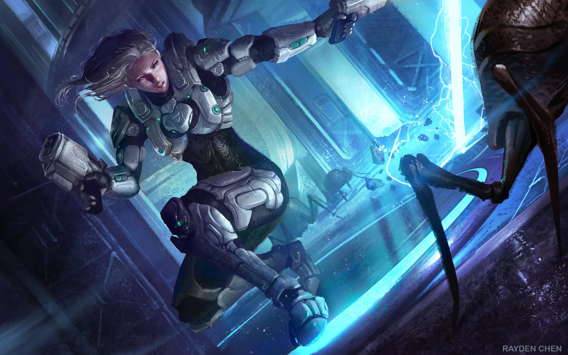 Woman in futuristic armor fighting alien creatures HD Wallpaper