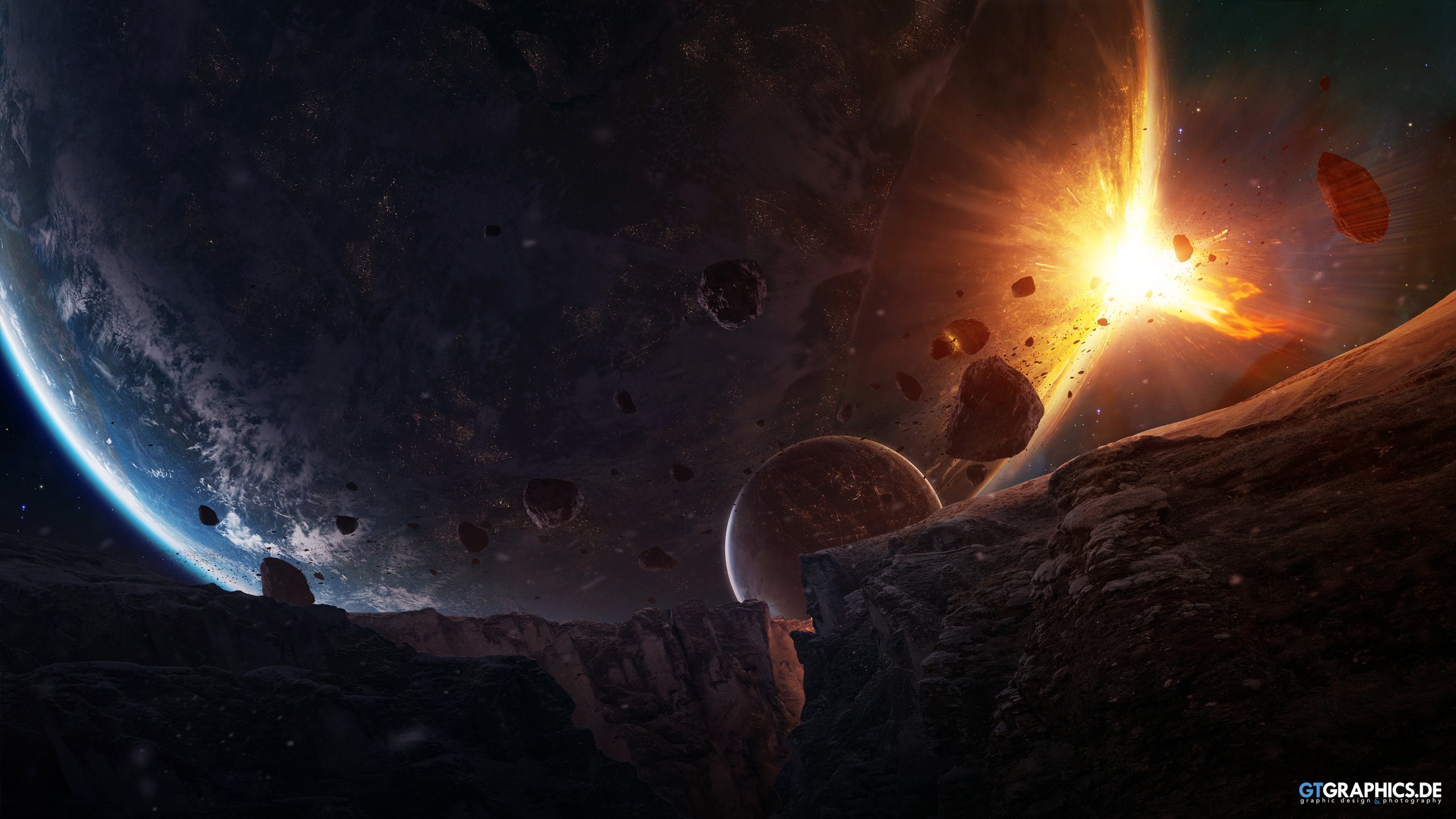 Space collision with planets and asteroids HD Wallpaper