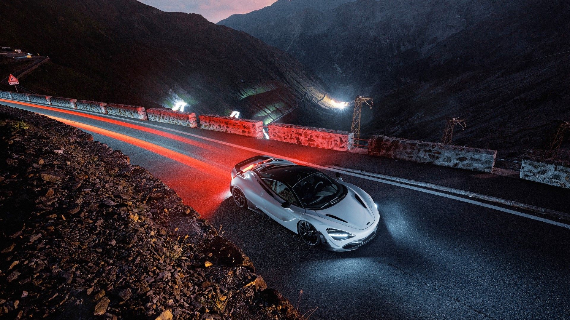 McLaren 720S sports car on mountain road at night HD Wallpaper