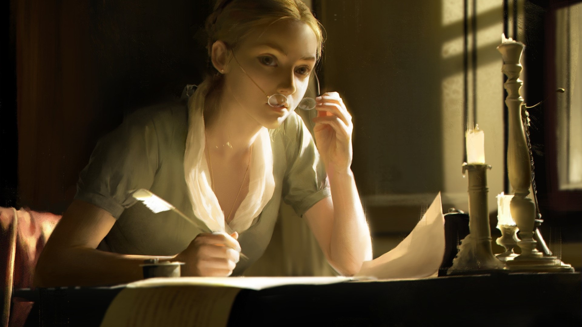 Woman writing with quill and ink HD Wallpaper