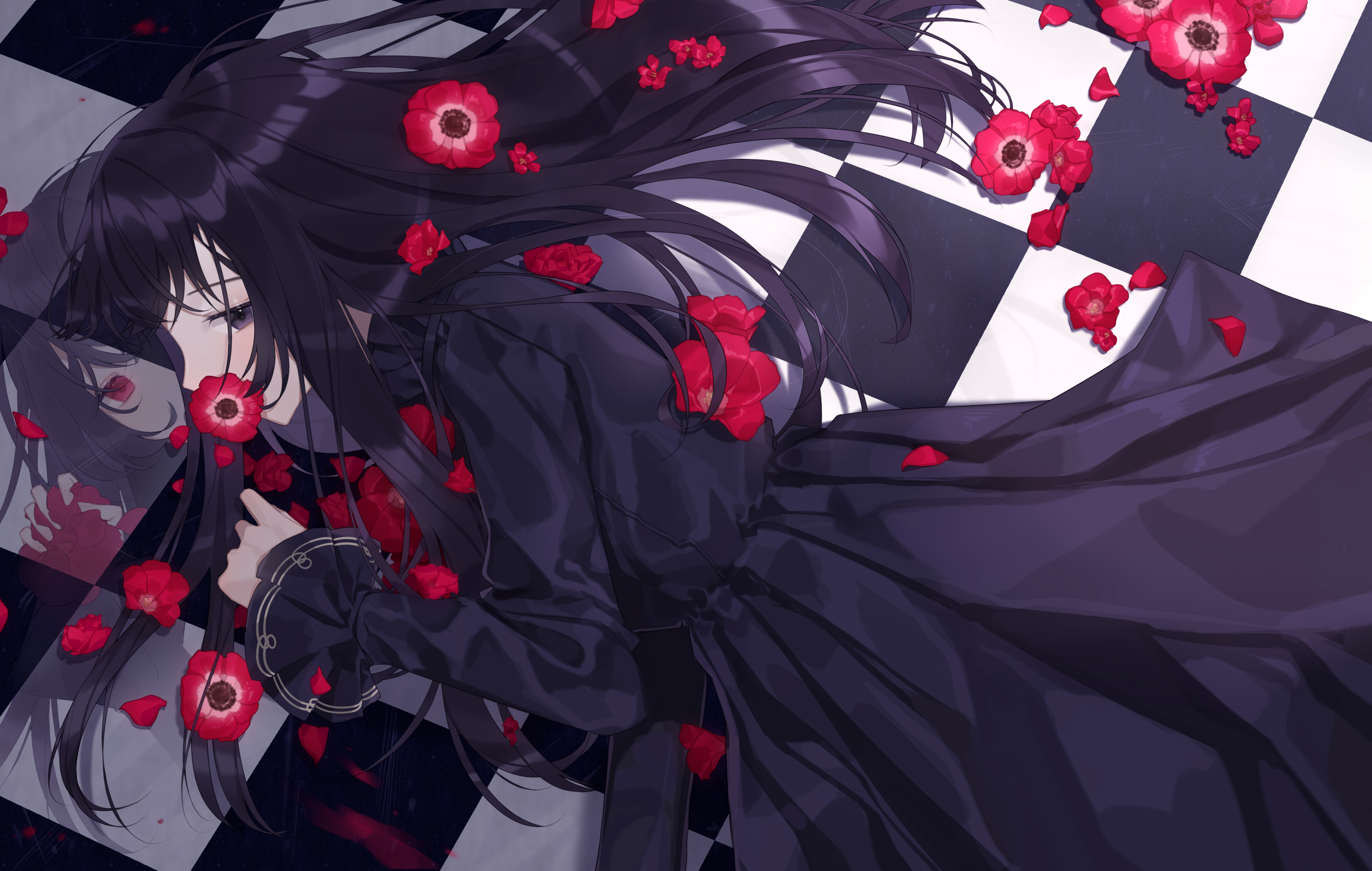 Anime girl with black hair and red flowers lying down HD Wallpaper