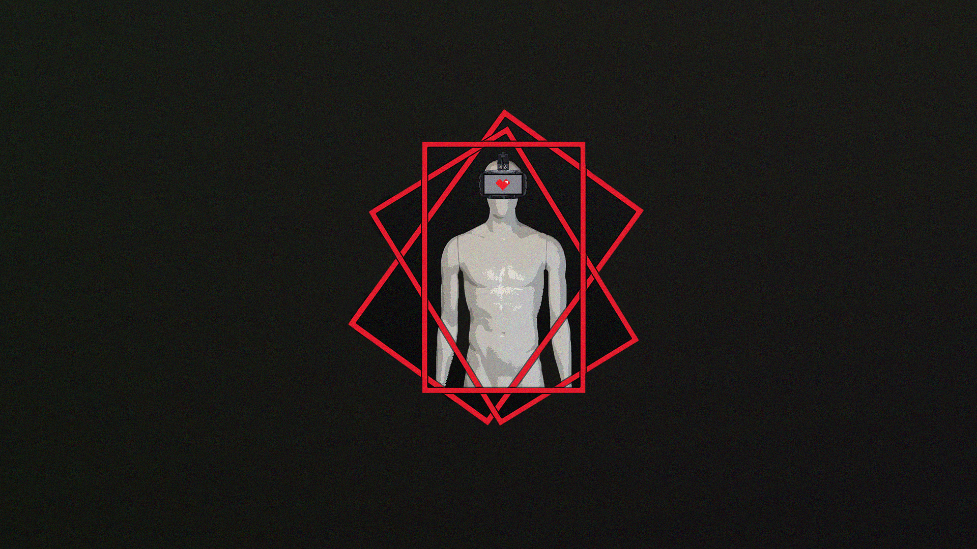 Mannequin with VR headset and geometric shapes HD Wallpaper