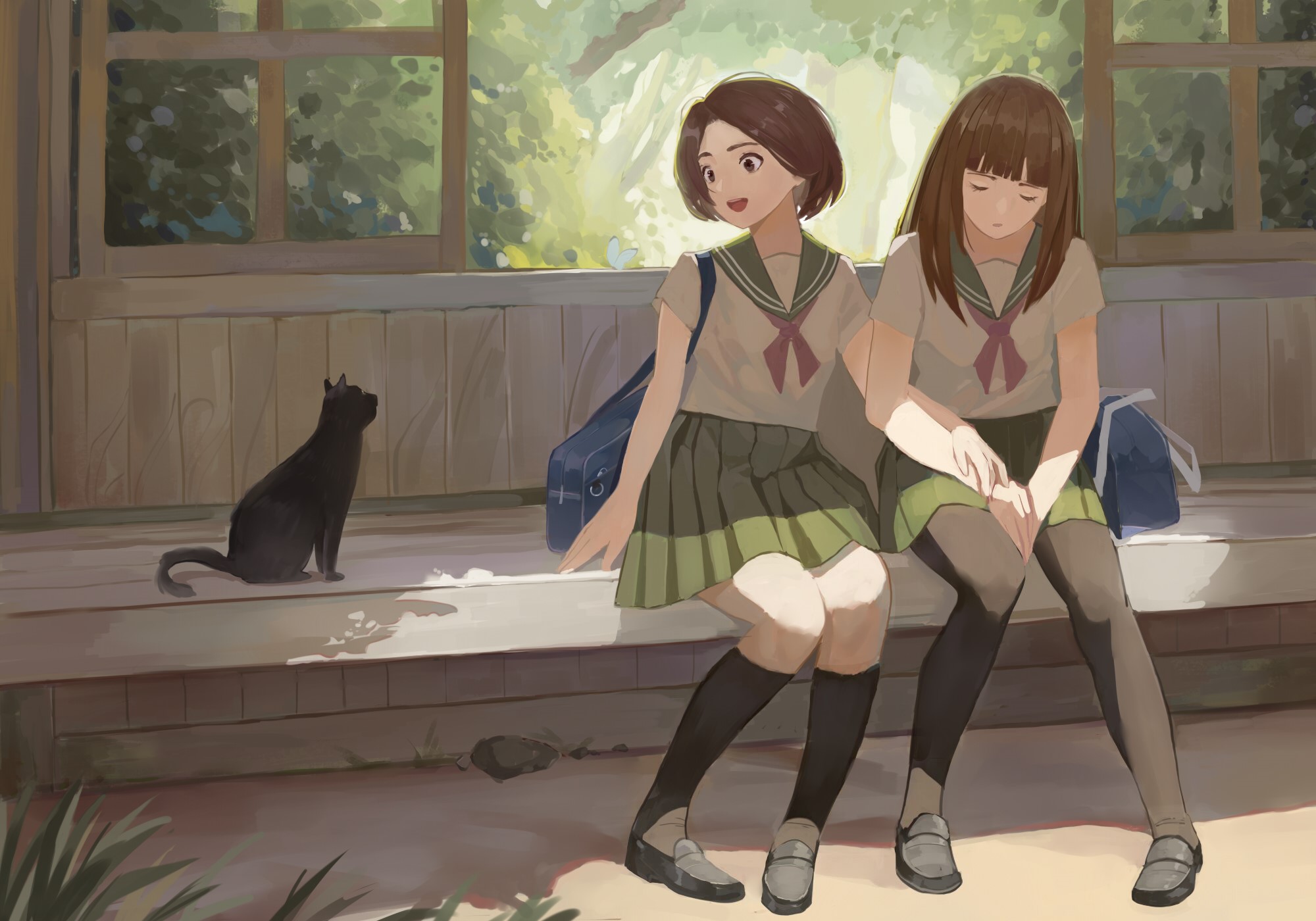 Two anime schoolgirls and a black cat sitting on a bench HD Wallpaper
