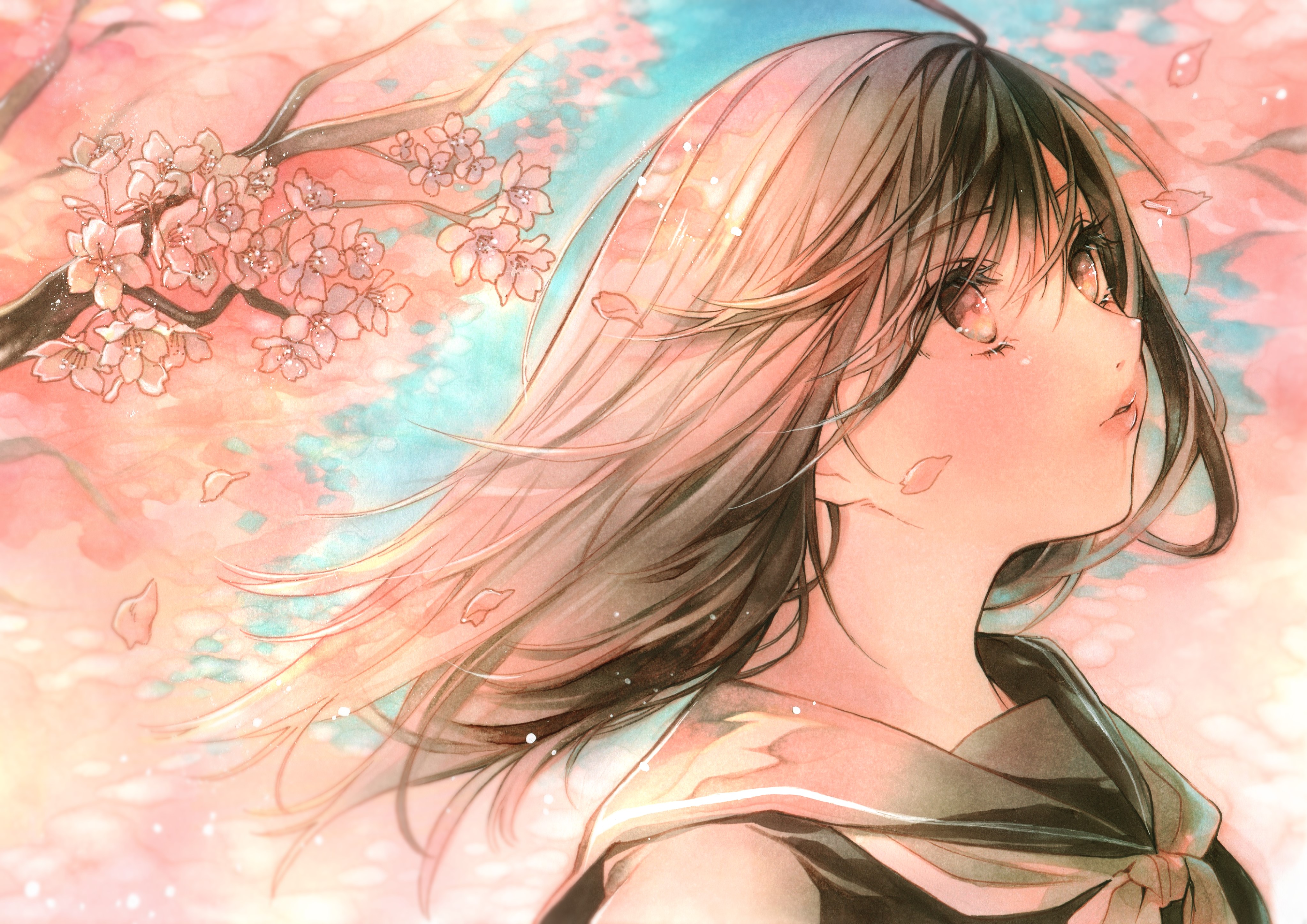 Anime girl with long hair and cherry blossoms HD Wallpaper