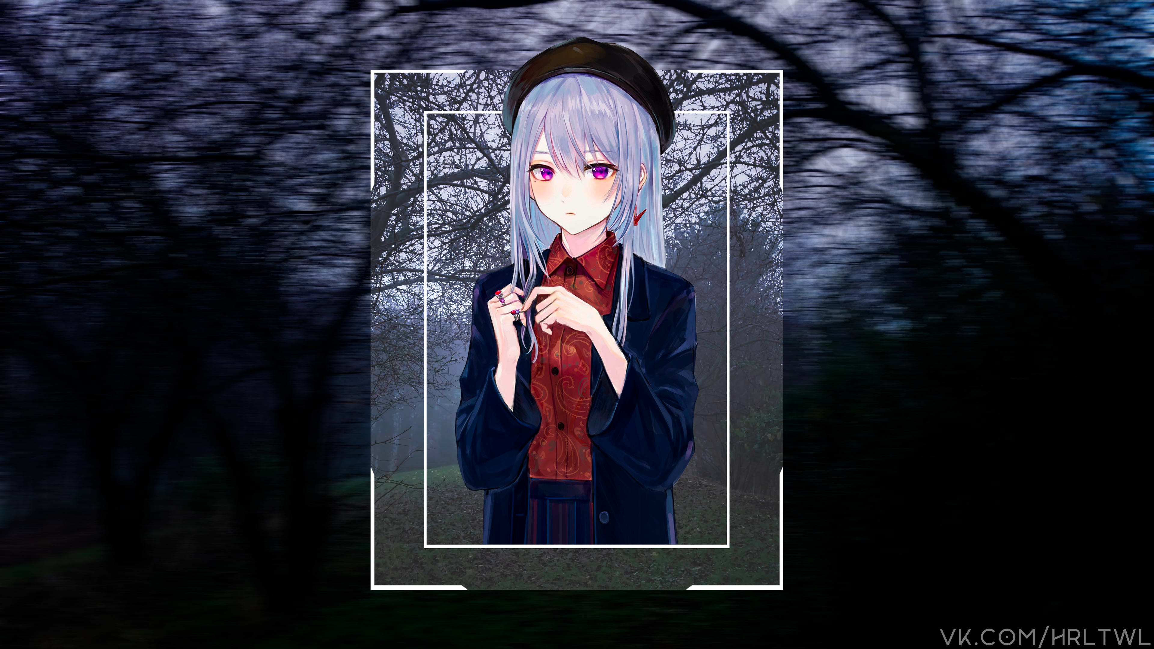 Anime girl with pink eyes wearing a hat HD Wallpaper