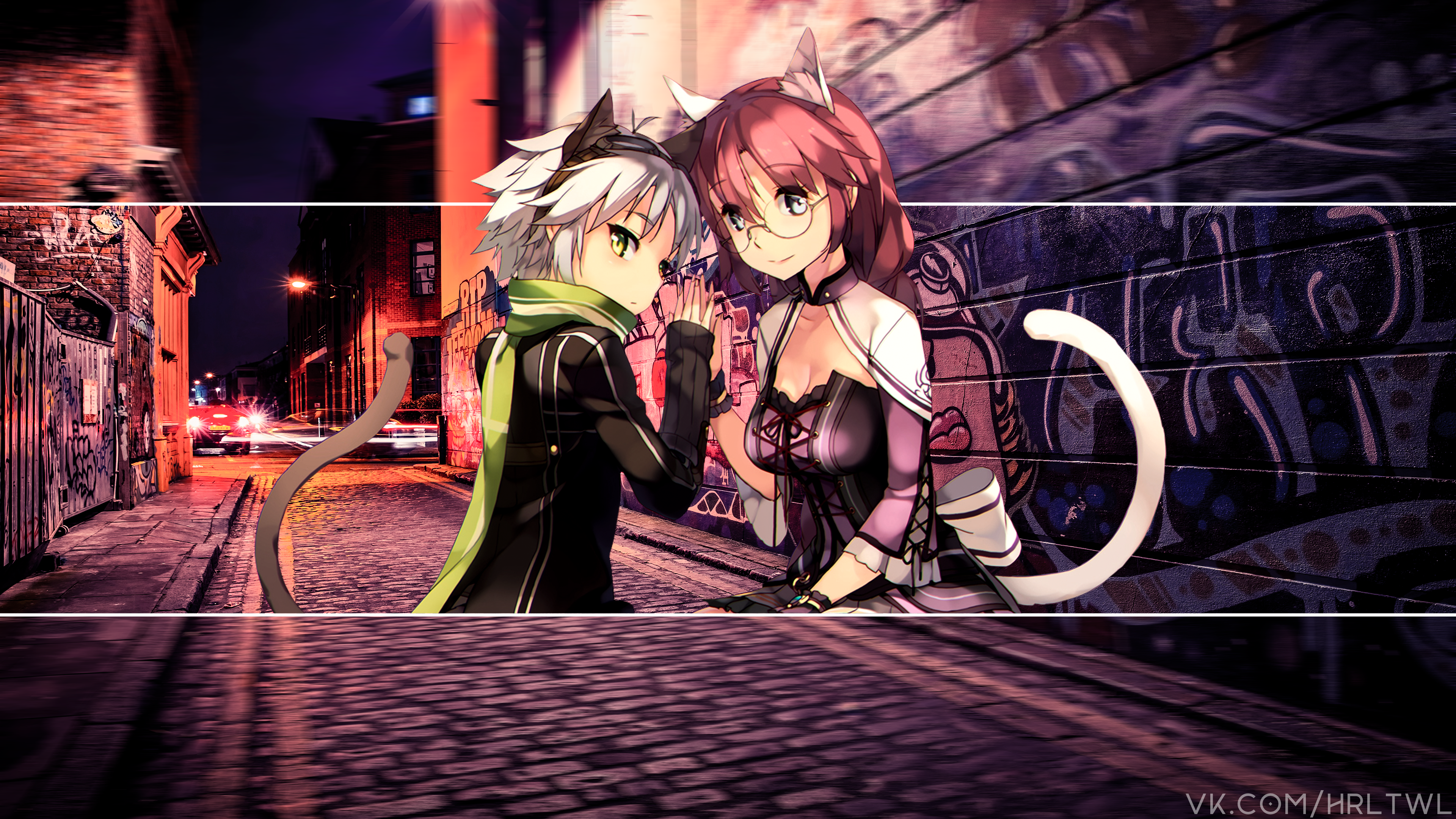 Anime cat girls in a graffiti alley HD Wallpaper