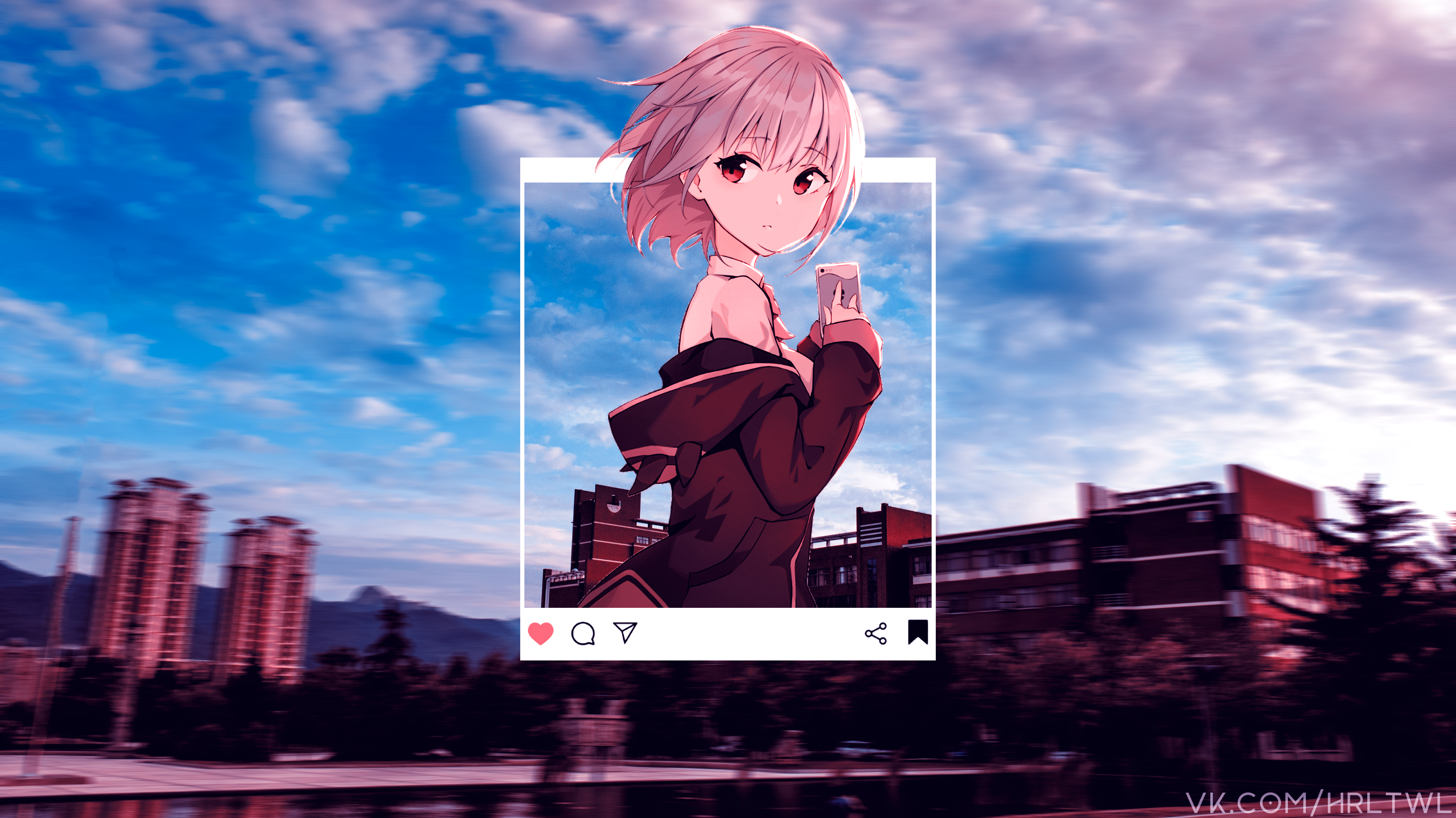 Anime girl with pink hair and red eyes in a picture-in-picture frame HD Wallpaper