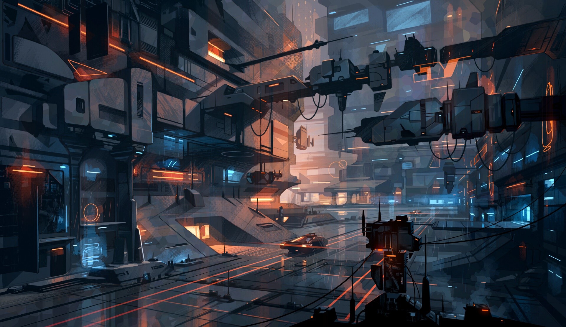 Futuristic city with flying vehicles and neon lights HD Wallpaper