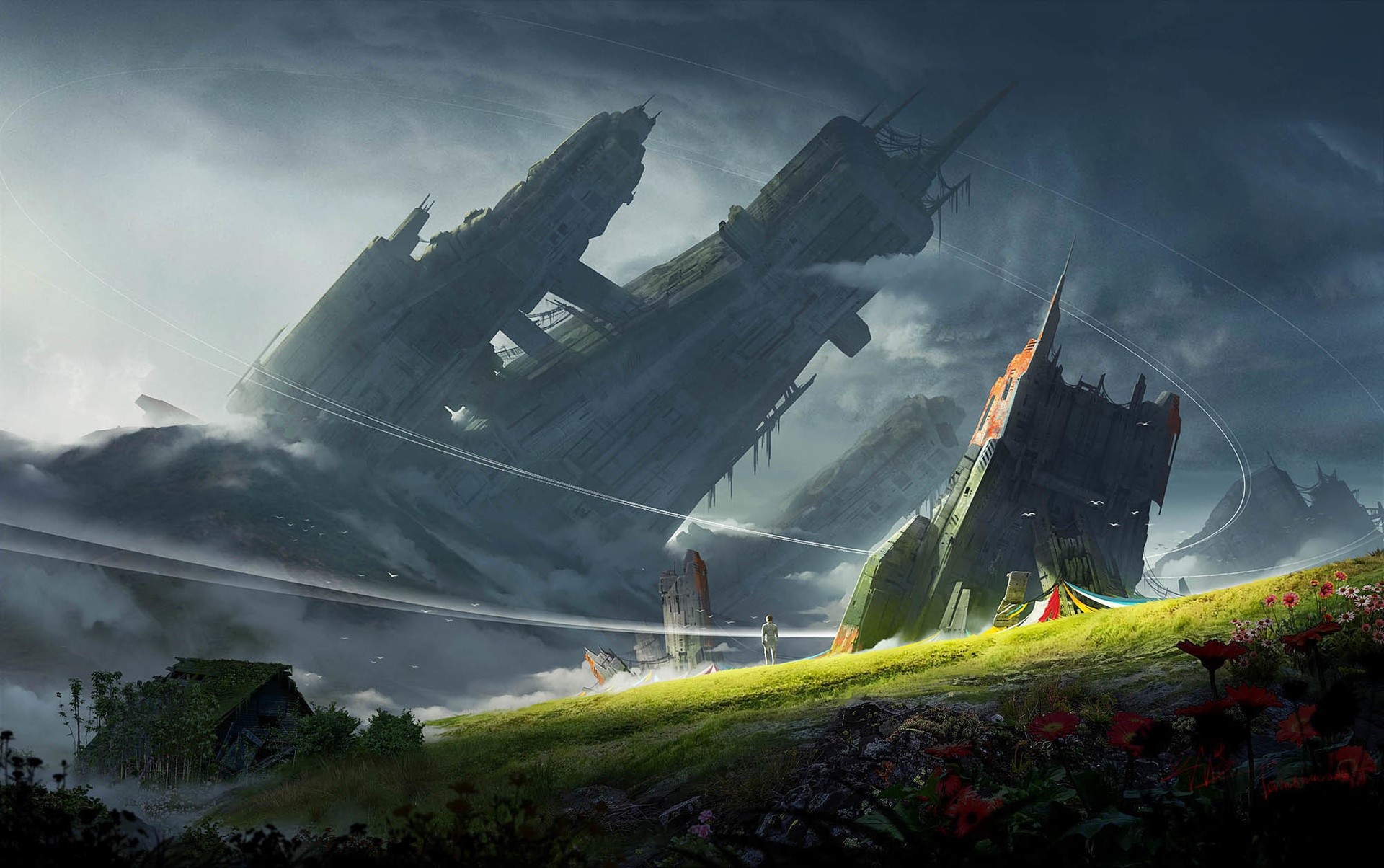 Ruined alien structures in a misty landscape HD Wallpaper