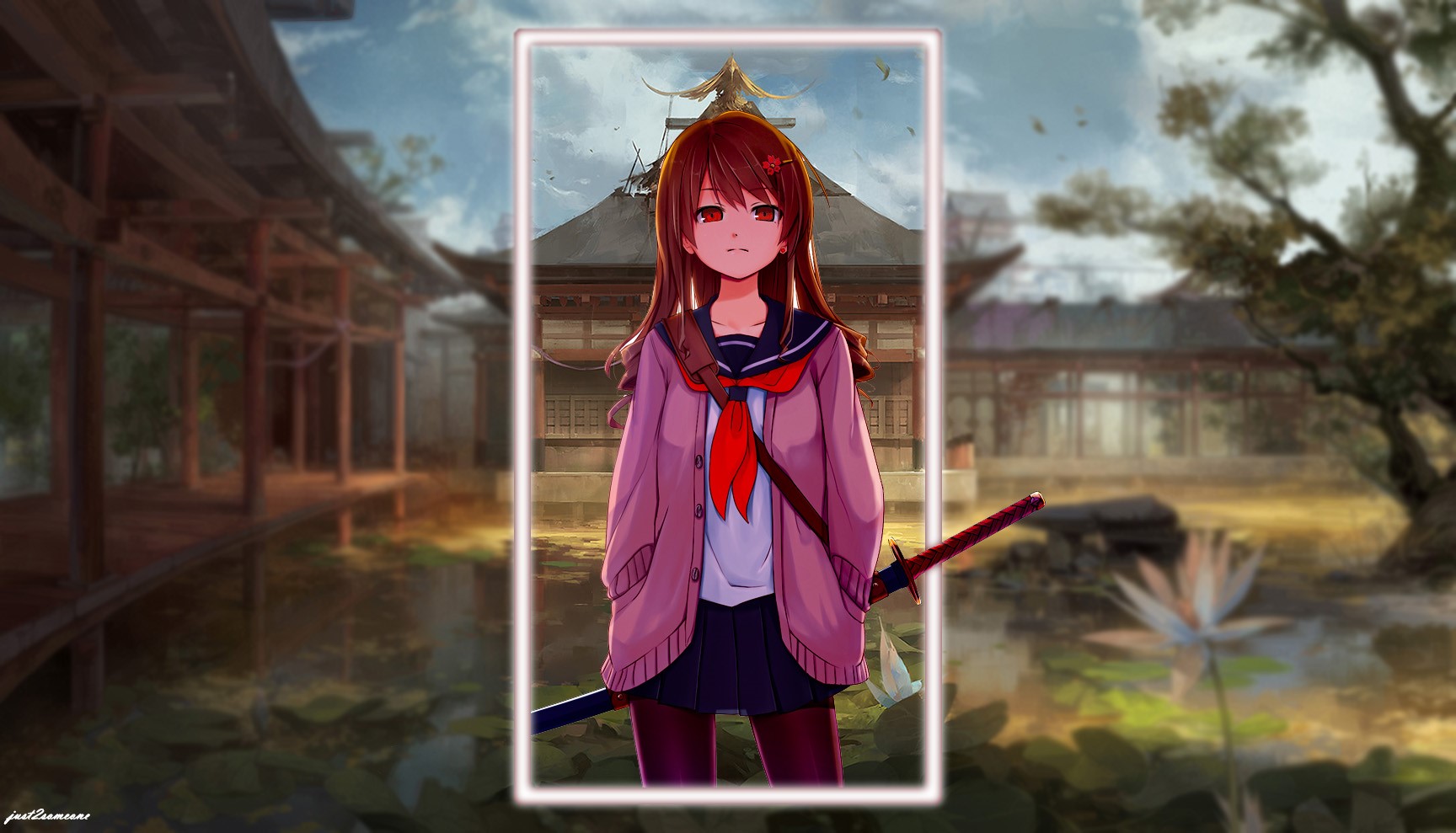 Anime girl with sword in traditional Japanese setting HD Wallpaper
