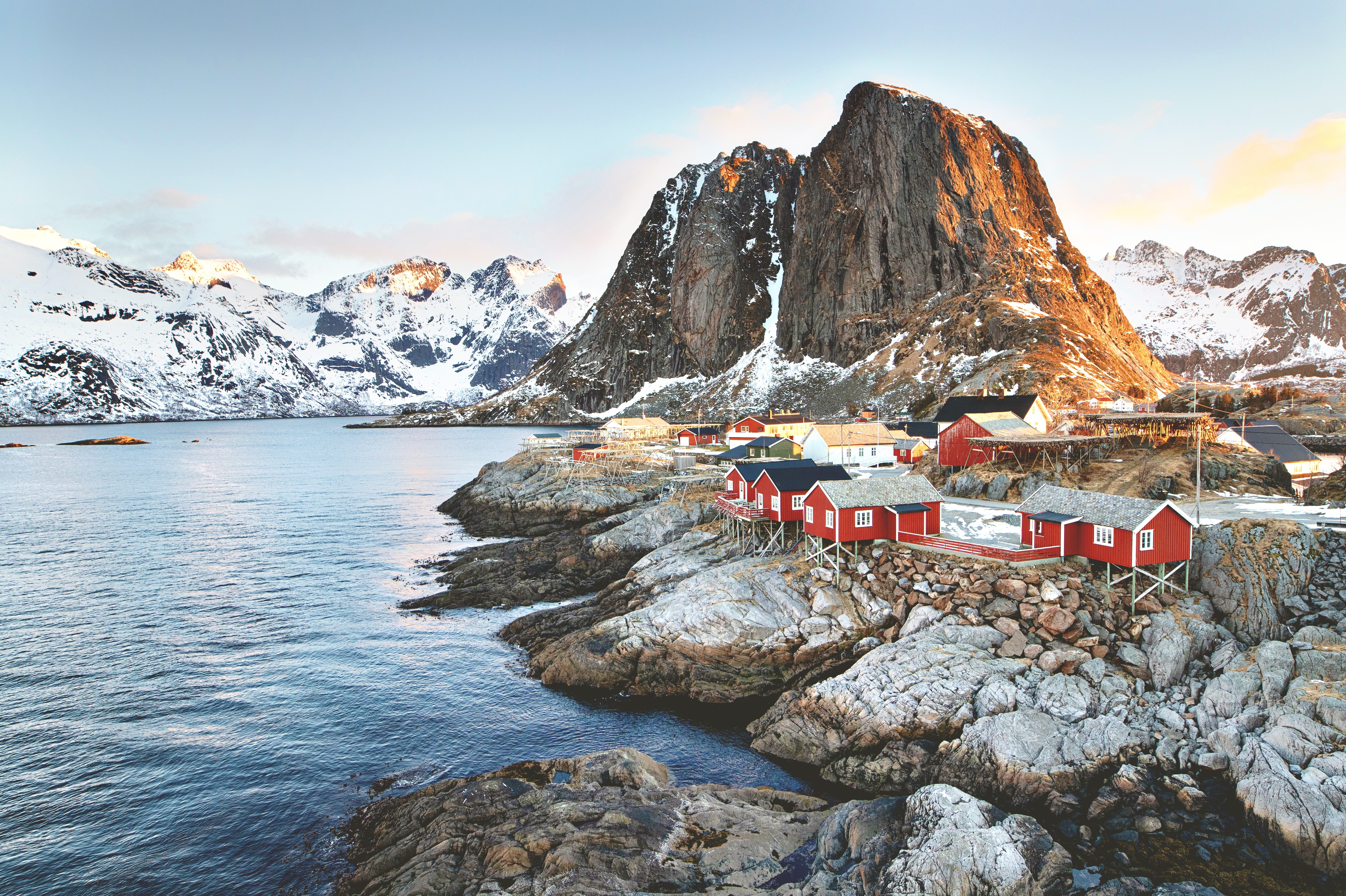 4K Norway Lofoten Islands Mountains and Red Cabins HD Wallpaper